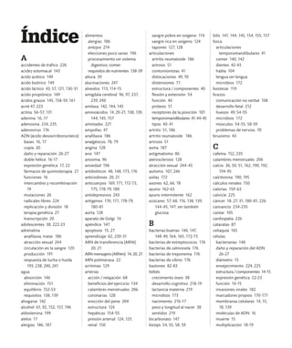 Índice
A
accidentes de tráfico 226
acidez estomacal 143
ácido acético 149
ácido butírico 149
ácido láctico 43, 57, 121, 130-31
ácido propiónico 149
ácidos grasos 145, 158-59, 161
acné 47, 223
actina 56-57, 131
adenina 16, 17
adenosina 234, 235
adenovirus 176
ADN (ácido desoxirribonucleico)
bases 16, 17
copia 20
daño y reparación 26-27
doble hélice 16-17
expresión genética 17, 22
fármacos de quimioterapia 27
funciones 16
intercambio y recombinación
19
mutaciones 26
radicales libres 224
replicación y división 18
terapia genética 27
transcripción 20
adolescentes 38, 222-23
adrenalina
anafilaxia, tratar 186
atracción sexual 244
circulación en la sangre 120
producción 191
respuesta de lucha o huida
193, 238, 240, 241
agua
absorción 146
eliminación 151
equilibrio 152-53
requisitos 138, 139
ahogarse 142
alcohol 61, 92, 152, 157, 196
aldosterona 199
alelos 17
alergias 186, 187
alimentos
alergias 186
antojos 214
elecciones poco sanas 196
procesamiento ver sistema
digestivo; comer
requisitos de nutrientes 138-39
altura 39
alucinaciones 247
alveolos 113, 114-15
amígdala cerebral 96, 97, 237,
239, 240
amilasa 142, 144, 145
aminoácidos 14, 20-21, 138, 139,
144, 145, 157
amistades 221
ampollas 47
anafilaxia 186
analgésicos 78, 79
angina 128
ano 147
anosmia 96
ansiedad 196
antibióticos 48, 148, 173, 176
anticodones 20, 21
anticuerpos 169, 171, 172-73,
175, 178-79, 180
antidepresivos 243
antígenos 170, 171, 178-79,
180-81
aorta 128
aparato de Golgi 14
apéndice 147
apoptosis 15, 27
aprendizaje 62, 230-31
ARN de transferencia (ARNt)
20, 21
ARN mensajero (ARNm) 14, 20, 21
ARN polimerasa 22
arritmias 129
arterias
acción / relajación 68
beneficios del ejercicio 134
calambres menstruales 206
coronarias 128
erección del pene 204
estructura 124
hepáticas 154-55
presión arterial 124, 125
renal 150
sangre pobre en oxígeno 114
sangre rica en oxígeno 124
tapones 127, 128
articulaciones
artritis reumatoide 186
artrosis 51
contorsionistas 41
dislocaciones 49, 70
distensiones 71
estructura / componentes 40
flexión y extensión 54
función 40
prótesis 51
receptores de la posición 101
temporomandibulares 41, 44-45
tipos 40-41
artritis 51, 186
artritis reumatoide 186
artrosis 51
asma 187
astigmatismo 86
aterosclerosis 128
atracción sexual 244-45
autismo 107, 246
axilas 172
axones 62, 66, 78
ayuno 162-63
ayuno intermitente 162
azúcares 57, 68, 116, 138, 139,
144-45, 147; ver también
glucosa
B
bacterias buenas 146, 147,
148-49, 164, 165, 172-73
bacterias de estreptococos 176
bacterias de salmonela 176
bacterias de treponema 176
bacterias de vibrio 176
bastones 82-83
bebés
crecimiento óseo 38
desarrollo cognitivo 218-19
lactancia materna 219
microbios 173
nacimiento 216-17
peso y longitud al nacer 38
sentidos 219
bicarbonato 147
bíceps 54, 55, 58, 59
bilis 141, 144, 145, 154, 155, 157
boca
articulaciones
temporomandibulares 41
comer 140, 142
dientes 42-43
habla 104
lengua ver lengua
microbios 172
bostezar 119
brazos
comunicación no verbal 108
desarrollo fetal 212
huesos 49, 54-55
microbios 172
músculos 54-55, 58-59
problemas de nervios 70
bruxismo 43
C
cafeína 152, 235
calambres menstruales 206
calcio 36, 50, 51, 162, 190, 192,
194-95
calcitonina 190, 195
cálculos renales 150
calorías 159-63
calvicie 225
cáncer 18, 27, 31, 180-81, 226
cansancio 234-235
cantar 105
cardiopatía 226
cataratas 87
celiaquía 165
células
bacterianas 148
daño y reparación del ADN
26-27
diámetro 15
envejecimiento 224, 225
estructura / componentes 14-15
expresión genética 22-23
función 14-15
invasiones virales 182
marcadores propios 170-171
membranas celulares 14, 15,
18, 139
moléculas de ADN 16
muerte 15
multiplicación 18-19
 