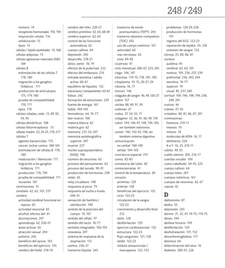 248 249
número 14
receptores hormonales 192, 193
respiración celular 116
señalización 15
tipos 13
células / tejido epiteliales 13, 168
células adiposas 13
células agresoras naturales (NK)
169
células B
estimulación de las células T
178, 180
migración a los ganglios
linfáticos 171
producción de anticuerpos
175, 179, 180
prueba de compatibilidad
170, 171
tipos 178
células ciliadas, oído 13, 89, 92,
93, 95
células dendríticas 168
células fotorreceptoras 13
células madre 23, 24-25, 170, 217
células T
agentes bactericidas 175
cáncer, luchar contra 180-181
estimulación de células B 178,
180
maduración / liberación 171
migración a los ganglios
linfáticos 171
producción 170, 190
prueba de compatibilidad 171
recuento 181
centrosomas 15
cerebelo 62, 63, 101, 237
cerebro
actividad cerebral funcional en
reposo 65
actividad neuronal 65
alcohol, efectos del 61
alucinaciones 247
aprendizaje 62, 230-31
áreas activas 65
atracción sexual 244
autismo 246
beneficio del ayuno 163
beneficios del ejercicio 135
cerebro del bebé 218-19
cerebro del niño 220-21
cerebro primitivo 62, 63, 68-69
cerebro superior 62, 63
control de las funciones
automáticas 62
cuerpo calloso 64
depresión 243
desarrollo 218-21
dolor, sentir 78, 79
efectos de la pubertad 222
efectos del embarazo 214
entrada sensitiva / salida
activa 60-61
equilibrio de líquidos 152
estructura / componentes 62-63
fobias 242
formación de emociones 239
fuente de energía 161
habla 104-105
hemisferios 64, 76-77
leer rostros 106
materia blanca 62
materia gris 62
memoria 231-33, 247
memoria autobiográfica
superior 247
muerte 227
núcleo supraquiasmático
(NSQ) 198
número de neuronas 65
proceso del pensamiento 63
proceso del sonido 90-91
producción de hormonas 238
redes 65
reloj circadiano 198
respuesta al picor 79
respuesta de lucha o huida
240-41
sensación de hambre /
satisfacción 140
sentido de la posición del
cuerpo 10, 101
sentido del olfato 97
sentido del tacto 76-77
sentidos integrados 102-103
sinestesia 247
sistema de respuesta de la
respiración 112
sueños 236-37
trastorno bipolar 243
trastorno de estrés
postraumático (TEPT) 243
trastorno obsesivo-compulsivo
(TOC) 242
uso de cuerpo cetónico 161
velocidad 60
vías nerviosas 65
vista 84-85
cicatrices 47
ciclo menstrual 206-07, 223, 245
ciego 146, 147
citocinas 174-75, 178, 181, 183
citoplasma 14, 15, 20-21, 24
citosina 16, 17
cloruro 146
coágulos de sangre 46, 49, 126-27
cobre 157
cóclea 88, 89, 91, 95
codones 21
codos 37, 54, 55, 71
colágeno 32, 36, 41, 46, 49, 139
colon 144, 146-47, 148, 149, 165;
ver también intestinos
comer 140, 142-43, 198; ver
también sistema digestivo
comunicación
no verbal 108-109
verbal 104-105
conciencia espacial 237
conos 82-83
constancia del color 85
contorsionistas 41
control de la temperatura 30
corazón
arritmias 129
arterias 128
beneficios del ejercicio 135
ciclo 122-23
circulación de la sangre
122-23
crecimiento y desarrollo fetal
212
daño 128
desfibrilación 129
ejercicio cardiovascular 132
estructura 122-23
flujo sanguíneo 121, 128
latido 122-23
nódulo sinoauricular /
marcapasos 122, 123
problemas 128-29, 226
producción de hormonas
191
registro del ECG 122-23
reparación de tejidos 25, 128
volumen de sangre 123
córnea 25, 80, 86, 87
corteza
auditiva 95
cerebral 62, 63, 101
motora 105, 236, 237, 239
prefrontal 236, 243, 244
sensitiva 76-77
superior 79
visual 85, 237, 240
cortisol 109, 196, 198, 199, 238,
240, 241
costras 46
cráneo 37, 45
cristalino 80, 81, 86, 87, 201
cromosomas
herencia 210-11
meiosis 19
mitosis 18
moléculas de ADN 16, 17
telómeros 224
X e Y 16, 23, 210-11
cúbito 49, 55
cuello uterino 205, 216-17
cuerdas vocales 104
cuero cabelludo 34-35, 225
cuerpo calloso 64
cuerpo lúteo 207
cuerpos cetónicos 161
cuerpos de neuronas 62, 67
cúpula 92
D
daltonismo 87
dedos 55
depresión 243
dermis 31, 32, 47, 74-75, 174-75
deseo 244
desfase horario 199
desfibrilación 129
deshidratación 131, 152
desoxihemoglobina 117
destreza 64
determinación del sexo 16
diabetes 200-01, 226
 