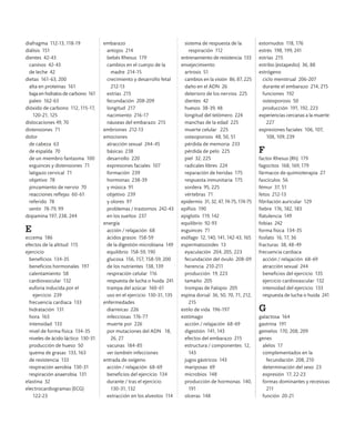 diafragma 112-13, 118-19
diálisis 151
dientes 42-43
caninos 42-43
de leche 42
dietas 161-63, 200
alta en proteínas 161
baja en hidratos de carbono 161
paleo 162-63
dióxido de carbono 112, 115-17,
120-21, 125
dislocaciones 49, 70
distensiones 71
dolor
de cabeza 63
de espalda 70
de un miembro fantasma 100
esguinces y distensiones 71
latigazo cervical 71
objetivo 78
pinzamiento de nervio 70
reacciones reflejas 60-61
referido 78
sentir 78-79, 99
dopamina 197, 238, 244
E
eccema 186
efectos de la altitud 115
ejercicio
beneficios 134-35
beneficios hormonales 197
calentamiento 58
cardiovascular 132
euforia inducida por el
ejercicio 239
frecuencia cardiaca 133
hidratación 131
hora 163
intensidad 133
nivel de forma física 134-35
niveles de ácido láctico 130-31
producción de hueso 50
quema de grasas 133, 163
de resistencia 133
respiración aerobia 130-31
respiración anaerobia 131
elastina 32
electrocardiogramas (ECG)
122-23
embarazo
antojos 214
bebés Rhesus 179
cambios en el cuerpo de la
madre 214-15
crecimiento y desarrollo fetal
212-13
estrías 215
fecundación 208-209
longitud 217
nacimiento 216-17
náuseas del embarazo 215
embriones 212-13
emociones
atracción sexual 244-45
básicas 238
desarrollo 220
expresiones faciales 107
formación 239
hormonas 238-39
y música 91
objetivo 239
y olores 97
problemas / trastornos 242-43
en los sueños 237
energía
acción / relajación 68
ácidos grasos 158-59
de la digestión microbiana 149
equilibrio 158-59, 190
glucosa 156, 157, 158-59, 200
de los nutrientes 138, 139
respiración celular 116
respuesta de lucha o huida 241
trampa del azúcar 160-61
uso en el ejercicio 130-31, 135
enfermedades
diarreicas 226
infecciosas 176-77
muerte por 226
por mutaciones del ADN 18,
26, 27
vacunas 184-85
ver también infecciones
entrada de oxígeno
acción / relajación 68-69
beneficios del ejercicio 134
durante / tras el ejercicio
130-31, 132
extracción en los alveolos 114
sistema de respuesta de la
respiración 112
entrenamiento de resistencia 133
envejecimiento
artrosis 51
cambios en la visión 86, 87, 225
daño en el ADN 26
deterioro de los nervios 225
dientes 42
huesos 38-39, 48
longitud del telómero 224
manchas de la edad 225
muerte celular 225
osteoporosis 48, 50, 51
pérdida de memoria 233
pérdida de pelo 225
piel 32, 225
radicales libres 224
reparación de heridas 175
respuesta inmunitaria 175
sordera 95, 225
vértebras 71
epidermis 31, 32, 47, 74-75, 174-75
epífisis 190
epiglotis 119, 142
equilibrio 92-93
esguinces 71
esófago 12, 140, 141, 142-43, 165
espermatozoides 13
eyaculación 204, 205, 223
fecundación del óvulo 208-09
herencia 210-211
producción 19, 223
tamaño 205
trompas de Falopio 205
espina dorsal 36, 50, 70, 71, 212,
215
estilo de vida 196-197
estómago
acción / relajación 68-69
digestión 141, 143
efectos del embarazo 215
estructura / componentes 12,
143
jugos gástricos 143
mariposas 69
microbios 148
producción de hormonas 140,
191
úlceras 148
estornudos 118, 176
estrés 198, 199, 241
estrías 215
estribo (estapedio) 36, 88
estrógeno
ciclo menstrual 206-207
durante el embarazo 214, 215
funciones 192
osteoporosis 50
producción 191, 192, 223
experiencias cercanas a la muerte
227
expresiones faciales 106, 107,
108, 109, 239
F
factor Rhesus (Rh) 179
fagocitos 168, 169, 179
fármacos de quimioterapia 27
fascículos 56
fémur 37, 51
fetos 212-13
fibrilación auricular 129
fiebre 176, 182, 183
flatulencia 149
fobias 242
forma física 134-35
fosfato 16, 17, 36
fracturas 38, 48-49
frecuencia cardiaca
acción / relajación 68-69
atracción sexual 244
beneficios del ejercicio 135
ejercicio cardiovascular 132
intensidad del ejercicio 133
respuesta de lucha o huida 241
G
galactosa 164
gastrina 191
gemelos 170, 208, 209
genes
alelos 17
complementados en la
fecundación 208, 210
determinación del sexo 23
expresión 17, 22-23
formas dominantes y recesivas
211
función 20-21
 