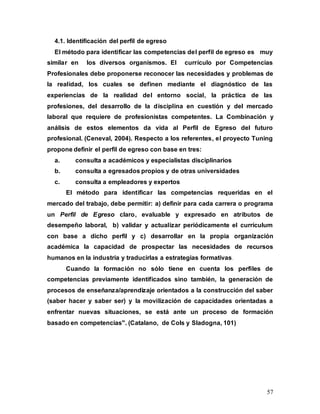57
4.1. Identificación del perfil de egreso
El método para identificar las competencias del perfil de egreso es muy
similar en los diversos organismos. El currículo por Competencias
Profesionales debe proponerse reconocer las necesidades y problemas de
la realidad, los cuales se definen mediante el diagnóstico de las
experiencias de la realidad del entorno social, la práctica de las
profesiones, del desarrollo de la disciplina en cuestión y del mercado
laboral que requiere de profesionistas competentes. La Combinación y
análisis de estos elementos da vida al Perfil de Egreso del futuro
profesional. (Ceneval, 2004). Respecto a los referentes, el proyecto Tuning
propone definir el perfil de egreso con base en tres:
a. consulta a académicos y especialistas disciplinarios
b. consulta a egresados propios y de otras universidades
c. consulta a empleadores y expertos
El método para identificar las competencias requeridas en el
mercado del trabajo, debe permitir: a) definir para cada carrera o programa
un Perfil de Egreso claro, evaluable y expresado en atributos de
desempeño laboral, b) validar y actualizar periódicamente el currículum
con base a dicho perfil y c) desarrollar en la propia organización
académica la capacidad de prospectar las necesidades de recursos
humanos en la industria y traducirlas a estrategias formativas.
Cuando la formación no sólo tiene en cuenta los perfiles de
competencias previamente identificados sino también, la generación de
procesos de enseñanza/aprendizaje orientados a la construcción del saber
(saber hacer y saber ser) y la movilización de capacidades orientadas a
enfrentar nuevas situaciones, se está ante un proceso de formación
basado en competencias". (Catalano, de Cols y Sladogna, 101)
 