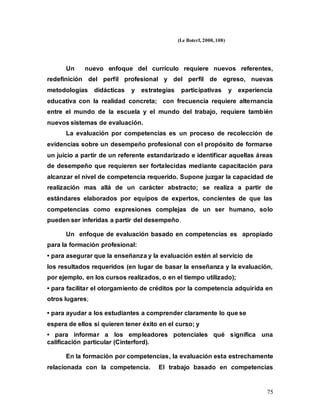 75
(Le Boterf, 2000,108)
Un nuevo enfoque del currículo requiere nuevos referentes,
redefinición del perfil profesional y del perfil de egreso, nuevas
metodologías didácticas y estrategias participativas y experiencia
educativa con la realidad concreta; con frecuencia requiere alternancia
entre el mundo de la escuela y el mundo del trabajo, requiere también
nuevos sistemas de evaluación.
La evaluación por competencias es un proceso de recolección de
evidencias sobre un desempeño profesional con el propósito de formarse
un juicio a partir de un referente estandarizado e identificar aquellas áreas
de desempeño que requieren ser fortalecidas mediante capacitación para
alcanzar el nivel de competencia requerido. Supone juzgar la capacidad de
realización mas allá de un carácter abstracto; se realiza a partir de
estándares elaborados por equipos de expertos, concientes de que las
competencias como expresiones complejas de un ser humano, solo
pueden ser inferidas a partir del desempeño.
Un enfoque de evaluación basado en competencias es apropiado
para la formación profesional:
• para asegurar que la enseñanza y la evaluación estén al servicio de
los resultados requeridos (en lugar de basar la enseñanza y la evaluación,
por ejemplo, en los cursos realizados, o en el tiempo utilizado);
• para facilitar el otorgamiento de créditos por la competencia adquirida en
otros lugares;
• para ayudar a los estudiantes a comprender claramente lo que se
espera de ellos si quieren tener éxito en el curso; y
• para informar a los empleadores potenciales qué significa una
calificación particular (Cinterford).
En la formación por competencias, la evaluación esta estrechamente
relacionada con la competencia. El trabajo basado en competencias
 