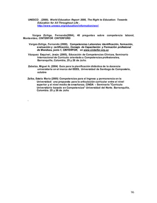 96
UNESCO . (2000). World Education Report 2000, The Right to Education: Towards
Education for All Throughout Life .
http://www.unesco.org/education/information/wer/
Vargas Zúñiga, Fernando(2004), 40 preguntas sobre competencia laboral,
Montevideo, CINTERFOR CINTERFORD
Vargas Zúñiga, Fernando (2000), C
Co
om
mp
pe
et
te
en
nc
ci
ia
as
s L
La
ab
bo
or
ra
al
le
es
s:
: i
id
de
en
nt
ti
if
fi
ic
ca
ac
ci
ió
ón
n,
, f
fo
or
rm
ma
ac
ci
ió
ón
n,
,
e
ev
va
al
lu
ua
ac
ci
ió
ón
n y
y c
ce
er
rt
ti
if
fi
ic
ca
ac
ci
ió
ón
n,
, C
Co
on
ns
se
ej
jo
o d
de
e C
Ca
ap
pa
ac
ci
it
ta
ac
ci
ió
ón
n y
y F
Fo
or
rm
ma
ac
ci
ió
ón
n p
pr
ro
of
fe
es
si
io
on
na
al
l
d
de
e M
M e
en
nd
do
oz
za
a,
, j
ju
un
ni
io
o 1
1,
, C
CI
IN
NT
TE
ER
RF
FO
OR
R,
, en www.cinterfor.org.uy
Vázquez Esquivel, Jesús (2005), Educación de Competencias Clínicas, Seminario
Internacional de Currículo orientado a Competencias profesionales,
Barranquilla, Colombia, 25 y 26 de Julio.
Zabalza, Miguel A. (2004) Guía para la planificación didáctica de la docencia
universitaria en el marco del EEES, Universidad de Santiago de Compostela,
octubre
Zalba, Estela María (2005) Competencias para el Ingreso y permanencia en la
Universidad: una propuesta para la articulación curricular entre el nivel
superior y el nivel medio de enseñanza, CINDA – Seminario "Currículo
Universitario basado en Competencias" Universidad del Norte. Barranquilla,
Colombia. 25 y 26 de Julio
.
 