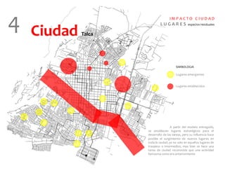 4   Ciudad   Talca
                                    IM P A C T O C I U D AD
                              LUGAR ES            espacios residuales




                                         SIMBOLOGIA

                                         Lugares emergentes


                                         Lugares establecidos




                                      A partir del modelo entregado,
                     se establecen lugares estratégicos para el
                     desarrollo de las tareas, pero su influencia hace
                     posible el surgimiento de nuevos lugares en
                     toda la ciudad, ya no solo en aquellos lugares de
                     traspaso o intermedios, mas bien se hace una
                     tarea de ciudad reconocida que una actividad
                     fantasma como era anteriormente
 
