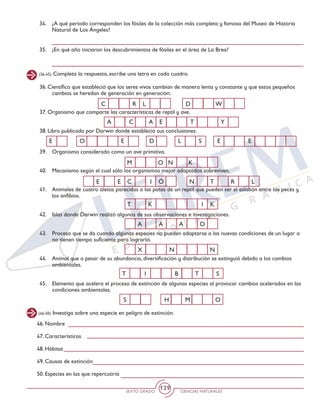 SEXTO GRADO CIENCIAS NATURALES
129
34. 	 ¿A qué período corresponden los fósiles de la colección más completa y famosa del Museo de Historia
Natural de Los Ángeles?
35. 	 ¿En qué año iniciaron los descubrimientos de fósiles en el área de La Brea?
(36-45) Completa la respuesta, escribe una letra en cada cuadro.
36. Científico que estableció que los seres vivos cambian de manera lenta y constante y que estos pequeños
cambios se heredan de generación en generación:
37. Organismo que comparte las características de reptil y ave.
38. Libro publicado por Darwin donde estableció sus conclusiones.
				
39. 	 Organismo considerado como un ave primitiva.
40. 	 Mecanismo según el cual sólo los organismos mejor adaptados sobreviven.
	
41. 	 Animales de cuatro aletas parecidas a las patas de un reptil que pueden ser el eslabón entre los peces y
los anfibios.
42. 	 Islas donde Darwin realizó algunas de sus observaciones e investigaciones.
	
43. 	 Proceso que se da cuando algunas especies no pueden adaptarse a las nuevas condiciones de un lugar o
no tienen tiempo suficiente para lograrlo.
44. 	 Animal que a pesar de su abundancia, diversificación y distribución se extinguió debido a los cambios
ambientales.
45. 	 Elemento que acelera el proceso de extinción de algunas especies al provocar cambios acelerados en las
condiciones ambientales.
E O E E ED L S
C R L D W
A C A E T Y
S H M O
X N N
E E C Ó N T R LI
A A A O
M NO K
T IK K
T TI B S
(46-50) Investiga sobre una especie en peligro de extinción.
46. Nombre
47. Características
48. Hábitat
49. Causas de extinción
50. Especies en las que repercutiría
 