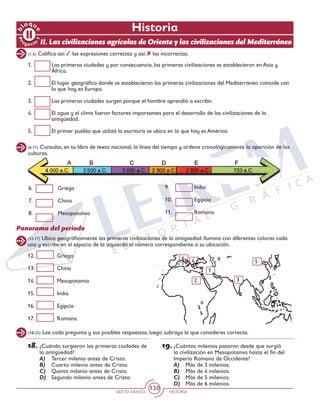 SEXTO GRADO HISTORIA
130
Pr
oyect
o
1
b
loqu
e
(1-5) Califica así: las expresiones correctas y así: las incorrectas.
(6-11) Consulta, en tu libro de texto nacional, la línea del tiempo y ordena cronológicamente la aparición de las
culturas.
(12-17) Ubica geográficamente las primeras civilizaciones de la antigüedad. Ilumina con diferentes colores cada
una y escribe en el espacio de la izquierda el número correspondiente a su ubicación.
Historia
II. Las civilizaciones agrícolas de Oriente y las civilizaciones del Mediterráneo
1.	 Las primeras ciudades y por consecuencia, las primeras civilizaciones se establecieron en Asia y
África.
2.	 El lugar geográfico donde se establecieron las primeras civilizaciones del Mediterráneo coincide con
lo que hoy es Europa.
3.	 Las primeras ciudades surgen porque el hombre aprendió a escribir.
4.	 El agua y el clima fueron factores importantes para el desarrollo de las civilizaciones de la
antigüedad.
5.	 El primer pueblo que utilizó la escritura se ubica en lo que hoy es América.
6.	Griega
7.	China
8.	Mesopotamia
12.	Griega
13.	China
14.	Mesopotamia
15.	India
16.	Egipcia
17.	Romana
9.	India
10.	Egipcia
11.	Romana
2 3
546
1
Panorama del periodo
(18-25) Lee cada pregunta y sus posibles respuestas, luego subraya la que consideres correcta.
18.	¿Cuándo surgieron las primeras ciudades de
la antigüedad?
A)	 Tercer milenio antes de Cristo.
B)	 Cuarto milenio antes de Cristo.
C)	 Quinto milenio antes de Cristo.
D)	 Segundo milenio antes de Cristo.
	
19.	¿Cuántos milenios pasaron desde que surgió
la civilización en Mesopotamia hasta el fin del
Imperio Romano de Occidente?
A)	 Más de 3 milenios.
B)	 Más de 4 milenios.
C)	 Más de 5 milenios.
D)	 Más de 6 milenios.
 