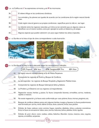 SEXTO GRADO GEOGRAFÍA
136
(36 - 40) Califica así: las expresiones correctas y así: las incorrectas.
36. 	 El relieve influye en las condiciones climáticas.
	
37. 	 Los animales y las plantas son iguales de acuerdo con las condiciones de la región natural donde
viven.
38. 	 Cada región natural genera sus propias condiciones específicas para la vida en ese lugar.
39. 	 La relación entre las regiones naturales y el clima es tan estrecha que, en algunos casos, se
identifican con el mismo nombre, como por ejemplo la tundra, el desierto y la estepa.
40. 	 Algunas especies que pueden sobrevivir con poco agua habitan las selvas tropicales.
(41 - 43) Escribe en la línea el tipo de clima correspondiente a cada ilustración.
(44 - 53) Escribe en la línea la letra adecuada según las características indicadas.
_____ 44. 	 La región natural correspondiente es la de Hielos Perpetuos.
_____ 45. 	 Comprende las regiones de Tundra y Bosque de Coníferas.
_____ 46. 	 Le corresponden las regiones de Bosque Templado yVegetación Mediterránea.
_____ 47. 	 Comprende las regiones de Bosque Subtropical, Selva y Sabana.
_____ 48. 	 La Pradera y el Desierto son sus regiones correspondientes.
_____ 49. 	 Vegetación escasa, hierbas y pastos. Su fauna comprende bisontes, armadillos, zorros, roedores,
reptiles e insectos.
_____ 50. 	 No existe vegetación y la fauna está conformada por osos polares, focas, morsas, pingüinos, etc.
_____ 51. 	 Bosques de coníferas (abetos,pinos,etc),algunas hierbas,musgos y líquenes.La fauna predominante
está formada por zorros, renos, liebres árticas, alces, castores, linces, osos pardos.
_____ 52. 	 Árboles de hojas caducas como encinos, hayas, castaños, abedules, olivos y plantas aromáticas.
Entre la fauna se encuentran lobos, osos, ciervos, halcones, búhos, jabalíes, linces, águilas.
_____ 53. 	 Árboles de gran altura como caobas, ceibas, helechos. Abundan monos, insectos, aves, coyotes,
tejones, armadillos, serpientes
CT- Tropical 	 CS- Seco	 CTe- Templado	CF- Frío	CP- Polar
 