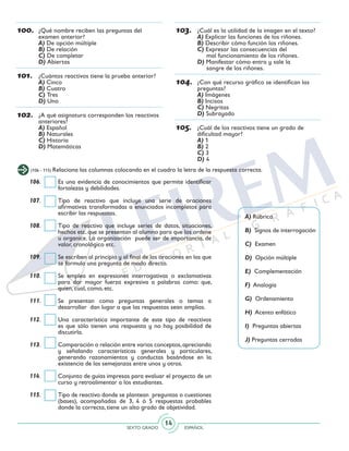 SEXTO GRADO ESPAÑOL
14
103.	 ¿Cuál es la utilidad de la imagen en el texto?
	A) Explicar las funciones de los riñones.
	B) Describir cómo función los riñones.
	C) Expresar las consecuencias del 		
mal funcionamiento de los riñones.
	D) Manifestar cómo entra y sale la 	
sangre de los riñones.
104.	 ¿Con qué recurso gráfico se identifican las
preguntas?
	A) Imágenes
	B) Incisos
	C) Negritas
	D) Subrayado
105.	 ¿Cuál de los reactivos tiene un grado de
dificultad mayor?
	A) 1
	B) 2
	C) 3
	D) 4
(106 - 115) Relaciona las columnas colocando en el cuadro la letra de la respuesta correcta.
106. 	 Es una evidencia de conocimientos que permite identificar
fortalezas y debilidades.
107. 	 Tipo de reactivo que incluye una serie de oraciones
afirmativas transformadas a enunciados incompletos para
escribir las respuestas.
108.	 Tipo de reactivo que incluye series de datos, situaciones,
hechos etc.que se presentan al alumno para que los ordene
u organice. La organización puede ser de importancia, de
valor, cronológico etc.
109. 	 Se escriben al principio y al final de las oraciones en las que
se formula una pregunta de modo directo.
110. 	 Se emplea en expresiones interrogativas o exclamativas
para dar mayor fuerza expresiva a palabras como: que,
quien, cual, como, etc.
111. 	 Se presentan como preguntas generales o temas a
desarrollar dan lugar a que las respuestas sean amplias.
112. 	 Una característica importante de este tipo de reactivos
es que sólo tienen una respuesta y no hay posibilidad de
discutirla.
113. 	 Comparación o relación entre varios conceptos,apreciando
y señalando características generales y particulares,
generando razonamientos y conductas basándose en la
existencia de las semejanzas entre unos y otros.
114. 	 Conjunto de guías impresas para evaluar el proyecto de un
curso y retroalimentar a los estudiantes.
115. 	 Tipo de reactivo donde se plantean preguntas o cuestiones
(bases), acompañadas de 3, 4 ó 5 respuestas probables
donde la correcta, tiene un alto grado de objetividad.
A) Rúbrica
B) Signos de interrogación
C) Examen
D) Opción múltiple
E) Complementación
F) Analogía
G) Ordenamiento
H) Acento enfático
I) Preguntas abiertas
J) Preguntas cerradas
100.	 ¿Qué nombre reciben las preguntas del
examen anterior?
	A) De opción múltiple
	B) De relación
	C) De completar
	D) Abiertas
101.	 ¿Cuántos reactivos tiene la prueba anterior?
	A) Cinco
	B) Cuatro
	C) Tres
	D) Uno
102.	 ¿A qué asignatura corresponden los reactivos
anteriores?
	A) Español
	B) Naturales
	C) Historia
	D) Matemáticas
 
