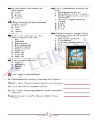 SEXTO GRADO ESPAÑOL
155
(121-125) Contesta las siguientes preguntas
115.¿En cuánto tiempo suceden los hechos que
cuenta el relato?
A)	 Un día
B)	 Un mes
C)	 Tres años
D)	 Una tarde
116.¿Qué nombre recibe la parte del texto que está
marcada en negritas?
A)	 Planteamiento
B)	 Nudo
C)	 Clímax
D)	 Desenlace
117.¿Cuáles son las características que mejor
definen a cada personaje del relato?
I- 	 Vera
II- 	 Señor Nuttel
III- 	 Señora Sappleton
a)	 Deprimido y asustado
b)	 Platicadora y distraída
c)	 Atenta e imaginativa
A)	 Ia) IIb) IIIc)
B)	 Ic) IIa) IIIb)
C)	 Ia IIc) IIIb)
D)	 Ic) IIb) IIIa)
118.¿Cómo fue el desenlace del relato?
A)	 Triste
B)	 Sorprendente
C)	 Esperado
D)	 Abierto
119.¿Cuál es el orden adecuado de los hechos del
relato?
I- 	 Nuttel sale corriendo aterrado.
II- 	 El señor Sappleton regresa de la cacería.
III- 	 La señora Sappleton explica por qué está la
ventana abierta.
IV- 	 Vera relata la “tragedia” de la señora
Sappleton.
A)	 I- II- III- IV
B)	 IV- III- II- I
C)	 IV- II- I- III
D)	 III- IV- II- I
120.¿Cuáles de los siguientes personajes sólo son
mencionados en el texto pero NO participan?
I- 	 El señor Nuttel
II- 	 La hermana del señor Nuttel
III- 	 El señor Sappleton
IV- 	 Los hermanos del señor Sappleton
A)	 I y III
B)	 II y IV
C)	 I y IV
D)	 II y III
121. ¿Qué nombre recibe el relato breve de una historia real o imaginaria?
122. ¿Cuál es la parte del cuento donde se introduce el tema y los personajes?
123. ¿Cuál es el momento más emocionante del cuento?
124. ¿Cuál es la parte del cuento donde se genera el conflicto y se complican
las acciones?
125. ¿Qué nombre recibe la parte final del cuento donde el conflicto se
resuelve?
 