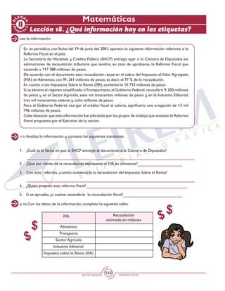 SEXTO GRADO MATEMÁTICAS
160
Lee la información.
(1-5) Analiza la información y contesta las siguientes cuestiones.
(6-10) Con los datos de la información, completa la siguiente tabla.
En un periódico, con fecha del 19 de junio del 2001, aparece la siguiente información referente a la
Reforma Fiscal en el país:
La Secretaría de Hacienda y Crédito Público (SHCP) entregó ayer a la Cámara de Diputados las
estimaciones de recaudación tributaria que tendría, en caso de aprobarse, la Reforma Fiscal que
asciende a 117 388 millones de pesos.
De acuerdo con el documento esta recaudación recae en el cobro del Impuesto alValor Agregado
(IVA) en Alimentos con 91, 261 millones de pesos, es decir, el 77 % de la recaudación.
En cuanto a los Impuestos Sobre la Renta (ISR), aumentaría 10 733 millones de pesos.
Si se elimina el régimen simplificado aTransportistas,el Gobierno Federal,recaudará 9,200 millones
de pesos y en el Sector Agrícola, siete mil trescientos millones de pesos y en la Industria Editorial,
tres mil novecientos setenta y ocho millones de pesos.
Para el Gobierno Federal, otorgar el crédito fiscal al salario, significaría una erogación de 13 mil
796 millones de pesos.
Cabe destacar que esta información fue solicitada por los grupos de trabajo que analizan la Reforma
Fiscal propuesta por el Ejecutivo de la nación.
1. 	 ¿Cuál es la fecha en que la SHCP entregó el documento a la Cámara de Diputados?
2. 	 ¿Qué por ciento de la recaudación representa el IVA en alimentos?
3. 	 Con esta reforma, ¿cuánto aumentaría la recaudación del Impuesto Sobre la Renta?
4. 	 ¿Quién propuso esta reforma fiscal?
5. 	 Si se aprueba, ¿a cuánto ascendería la recaudación fiscal?
Recaudación
estimada en millones
IVA
Alimentos
Transporte
Sector Agrícola
Industria Editorial
Impuesto sobre la Renta (ISR)
Lección 18. ¿Qué información hay en las etiquetas?
Matemáticas
Pr
oyect
o
b
loqu
e
2
 