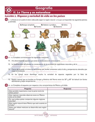 SEXTO GRADO GEOGRAFÍA
168
Pr
oyect
o
b
loqu
e
2
Geografía
(1 - 10) Anota en el cuadro la letra adecuada según la región natural a la que corresponden las siguientes plantas
y animales.
(11 - 15) Completa correctamente las siguientes cuestiones.
II. La Tierra y su naturaleza
Lección 2. Riqueza y variedad de vida en los países
A) Bosque templado	 B) Sabana o pradera	 C) Selva
		 D) Tundra		 E) Desierto
11. 	 A la diversidad de especies que existe en el planeta se le conoce como _______________________________
12. 	 La biodiversidad del planeta es consecuencia de la variedad de condiciones naturales y de la ___________
__________________________________.
13. 	 Cerca del ecuador el clima se caracteriza por lluvias constantes todo el año y temperaturas elevadas que
crean un ambiente _____________________________________
14. 	En los climas secos disminuye mucho la variedad de especies vegetales por la falta de
______________________________.
15. 	 Región natural que se localiza en Europa y América del Norte entre los 50° y 60° de latitud con lluvias
abundantes y bajas temperaturas: ______________________________
(16 - 20) Completa el esquema con respecto a las características de México y la India.
Pregunta Respuesta
¿Qué paralelo importante cruza la parte norte de
ambos países?
¿Qué regiones naturales observas tanto en México
como en la India?
¿Por qué ambos países comparten algunas regiones
naturales?
¿Qué región natural tiene México que está ausente en
la India?
¿Sobre que relieve mexicano se desarrolla esta región
natural?
 