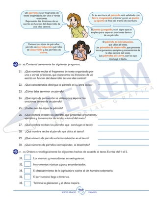 SEXTO GRADO ESPAÑOL
207
(21 - 30) Contesta brevemente las siguientes preguntas.
Un párrafo es un fragmento de
texto organizado por una o varias
oraciones.
Representa las divisiones de un
escrito en función del desarrollo de
una idea central.
Existen tres tipos de párrafos:
párrafo de introducción; párrafos
de desarrollo y los párrafos de
cierre.
El párrafo de introducción,
que ubica el texto.
Los párrafos de desarrollo, que presenta
los argumentos, ejemplos y comentarios de
la idea central del texto.
Los párrafos de cierre, con los que
concluye el texto.
En su escritura, el párrafo está señalado con
letra mayúscula al iniciar y con un punto
y aparte al final del tramo de escritura.
El punto y seguido, es el signo que se
emplea para separar oraciones dentro
de un párrafo.
21. 	 ¿Qué nombre recibe el fragmento de texto organizado por
una o varias oraciones, que representa las divisiones de un
escrito en función del desarrollo de una idea central?
22. 	 ¿Qué característica distingue al párrafo en su letra inicial?
23. 	 ¿Cómo debe terminar un párrafo?
24. 	 ¿Qué signo de puntuación se utiliza para separar las
oraciones dentro de un párrafo?
25. 	 ¿Cuáles son los tipos de párrafo?
26. 	 ¿Qué nombre reciben los párrafos que presentan argumentos,
ejemplos y comentarios de la idea central del texto?
27. 	 ¿Qué nombre reciben los párrafos que concluyen el texto?
28.	 ¿Qué nombre recibe el párrafo que ubica el texto?
29. 	 ¿Qué número de párrafo es la introducción en el texto?
30. 	 ¿Qué números de párrafos corresponden al desarrollo?
(31 - 35) Ordena cronológicamente los siguientes hechos de acuerdo al texto. Escribe del 1 al 5.
31.	 Los mamuts y mastodontes se extinguieron.
32. 	 Instrumentos rústicos y poco estandarizados.
33. 	 El descubrimiento de la agricultura vuelve al ser humano sedentario.
34. 	 El ser humano llega a América.
35. 	 Termina la glaciación y el clima mejora.
 