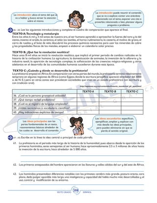 SEXTO GRADO ESPAÑOL
208
(36 - 40) Lee las siguientes introducciones y completa el cuadro de comparación que aparece al final.
La introducción puede resumir el contenido
que se va a explicar, contar una anécdota
relacionada con el tema, exponer una cita o
proverbio relacionado o bien, plantear alguna
pregunta o problema.
La introducción ubica el tema del que se
va a hablar y busca atraer la atención
sobre el mismo.
TEXTO A:Tecnología y metalurgia
Entre los años 6 mil y 3 mil antes de nuestra era,el ser humano aprendió a aprovechar la fuerza del toro y la del
viento,invento el arado,la cerámica,el telar,los textiles,el horno rudimentario,la cestería,el molino de grano,el
carro de ruedas y el bote de vela; descubrió los procesos químicos necesarios para usar los minerales de cobre
y las propiedades físicas de los metales, empezó a elaborar un calendario solar preciso.
TEXTO B: ¿Qué fue la revolución neolítica?
Hace unos 8 mil años se inició la revolución neolítica, que implicó el primer periodo de cambios radicales en la
historia de la civilización humana. La agricultura, la domesticación de animales, la invención de la alfarería y la
industria textil, la aparición de tecnología compleja, la sofisticación de las creencias mágico-religiosas y otros
adelantos en el desarrollo de las comunidades humanas sucedieron durante esta época.
TEXTO C: ¿Cuándo y dónde se desarrolla la prehistoria?
La prehistoria empezó en África.En comparación con otras partes del mundo,la prehistoria terminó relativamente
temprano en algunas regiones de África (como Egipto,donde la escritura jeroglífica apareció alrededor del 3000
a. de N. E.) pero en otras zonas aún prevalecen sociedades que viven en un estado prehistórico (sin escritura y
con tradición oral).
http://sepiensa.org.mx/contenidos/historia_mundo/md_ph_ppal.html
TEXTO A TEXTO B TEXTO C
36. ¿Cuál es la persona gramatical utilizada?
37. ¿Qué tiempo verbal predomina?
38. ¿Cuál es el registro de lenguaje empleado?
39. ¿Utiliza tecnicismos o vocabulario científico?
40. ¿Hay indicaciones explícitas de tiempo?
Las ideas principales son las
partes fundamentales de un texto,
razonamientos básicos alrededor de
los cuales se desarrolla el contenido.
Las ideas secundarias especifican,
ejemplifican, amplían y explican con
más detalle las ideas principales,
pero pueden eliminarse sin que se
pierda el sentido original.
(41 - 45) Escribe en la línea la idea central o principal de cada párrafo.
41. 	 La prehistoria es el periodo más largo de la historia de la humanidad, pues abarca desde la aparición de los
primeros homínidos, seres semejantes al ser humano, hace aproximadamente 2.5 o 3 millones de años hasta
la invención de la escritura, hace alrededor de 5 000 años.
42. 	 Los primeros antepasados del hombre aparecieron en las llanuras y valles cálidos del sur y del este de África.
43. 	 Los homínidos presentaban diferencias notables con los primates: cerebro más grande, postura erecta, cara
plana, dedo pulgar oponible más largo, una inteligencia y capacidad del habla mucho más desarrolladas y el
uso, control y modificación de su entorno.
 