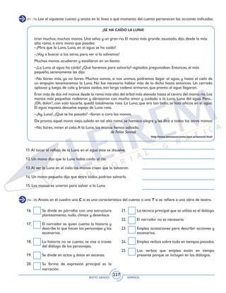 SEXTO GRADO ESPAÑOL
237
(11 - 15) Lee el siguiente cuento y anota en la línea a qué momento del cuento pertenecen las acciones indicadas.
¡SE HA CAÍDO LA LUNA!
Eran muchos, muchos monos. Una selva y un gran río. El mono más grande, asustado, dijo, desde la más
alta rama, a otro mono que pasaba:
–¡Mira que la Luna, Luna, en el agua se ha caído!
–¡Voy a buscar a los otros, para ver si la salvamos!
Muchos monos acudieron y estallaron en un llanto:
–¡La Luna al agua ha caído! ¿Qué haremos para salvarla?–agitados preguntaban. Entonces, el más
pequeño, serenamente les dijo:
–No lloren más, ya no lloren. Muchos somos, si nos unimos, podremos llegar al agua, y hasta el cielo de
un empujón levantaremos la Luna. No fue necesario hablar más de lo dicho hasta entonces. Un cerrado
aplauso y luego, de cola y brazos asidos, tan larga cadena armaron, que pronto al agua llegaron.
Eran más de dos mil monos desde la rama más alta del árbol más elevado hasta el centro del mismo río.Los
monos más pequeños rodearon y abrazaron con mucho amor y cuidado a la Luna, Luna del agua. Pero...
¡Oh, dolor!, con solo tocarla, quedó totalmente rota. La Luna, que era tan bella, se hizo añicos en el agua.
El agua inquieta devuelve espejo de Luna rota.
–¡Ay, Luna!, ¿Qué te ha pasado? –lloran a coro los monos.
De pronto, aquel mono viejo, subido en tal alta rama, se hamaca alegre y les dice a todos los otros monos:
–No lloren, miren el cielo.A la Luna, los monos hemos salvado.
de Felisa Sonnoli
http://www.leemeuncuento.com.ar/sonnoli.html
11.Al tocar el reflejo de la Luna en el agua éste se disuelve.
12. Un mono dijo que la Luna había caído al río.
13.Al ver la Luna en el cielo los monos creen que la salvaron.
14. Un mono pequeño dijo que entre todos podrían salvarla.
15. Los monos se unieron para salvar a la Luna.
(16 - 25) Anota en el cuadro una C si es una característica del cuento o una T si se refiere a una obra de teatro.
16. 	 Se divide en párrafos con una estructura
planteamiento, nudo, clímax y desenlace.
17. 	 El narrador es quien cuenta la historia y
describe lo que hacen los personajes y los
escenarios.
18. 	 La historia no se cuenta, se vive a través
del diálogo de los personajes.
19. 	 Se divide en actos y éstos en escenas.
20. 	 Su forma de expresión principal es la
narración.
21. 	 La técnica principal que se utiliza es el diálogo.
22. 	 El narrador no es necesario
23. 	 Emplea acotaciones para describir acciones y
escenarios.
24. 	 Emplea verbos sobre todo en tiempos pasados.
25. 	 Los verbos que emplea están en tiempo
presente porque se incluyen en los diálogos.
 