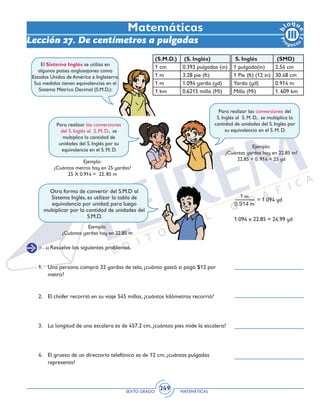 SEXTO GRADO MATEMÁTICAS
249
Matemáticas
Lección 27. De centímetros a pulgadas
(1 - 4) Resuelve los siguientes problemas.
(S.M.D.) (S. Inglés)
1 cm 0.393 pulgadas (in)
1 m 3.28 pie (ft)
1 m 1.094 yarda (yd)
1 km 0.6215 milla (Mi)
S. Inglés (SMD)
1 pulgada(in) 2.54 cm
1 Pie (ft) (12 in) 30.48 cm
Yarda (yd) 0.914 m
Milla (Mi) 1. 609 km
Para realizar las conversiones del
S. Inglés al S. M. D., se multiplica la
cantidad de unidades del S. Inglés por
su equivalencia en el S. M. D.
El Sistema Inglés se utiliza en
algunos países anglosajones como
Estados Unidos de América e Inglaterra.
Sus medidas tienen equivalencias en el
Sistema Métrico Decimal (S.M.D,):
Para realizar las conversiones
del S. Inglés al S. M. D., se
multiplica la cantidad de
unidades del S. Inglés por su
equivalencia en el S. M. D.
Otra forma de convertir del S.M.D al
Sistema Inglés, es utilizar la tabla de
equivalencia por unidad; para luego
multiplicar por la cantidad de unidades del
S.M.D.
1.	 Una persona compró 32 yardas de tela, ¿cuánto gastó si pagó $12 por
metro?
2.	 El chofer recorrió en su viaje 545 millas, ¿cuántos kilómetros recorrió?
3.	 La longitud de una escalera es de 457.2 cm, ¿cuántos pies mide la escalera?
4.	 El grueso de un directorio telefónico es de 12 cm, ¿cuántas pulgadas
representa?
 
