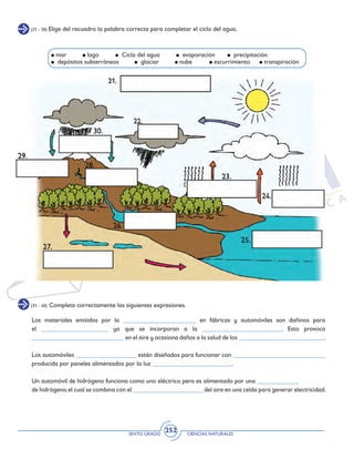 SEXTO GRADO CIENCIAS NATURALES
252
(21 - 30) Elige del recuadro la palabra correcta para completar el ciclo del agua.
mar	 lago	 Ciclo del agua	 evaporación precipitación
depósitos subterráneos	 glaciar nube	 escurrimiento	 transpiración
(31 - 40) Completa correctamente las siguientes expresiones.
Los materiales emitidos por la _______________________ en fábricas y automóviles son dañinos para
el _____________________ ya que se incorporan a la _________________________. Esto provoca
_____________________________ en el aire y ocasiona daños a la salud de los ___________________________.
Los automóviles ___________________ están diseñados para funcionar con _____________________________
producida por paneles alimentados por la luz _________________________.
Un automóvil de hidrógeno funciona como uno eléctrico pero es alimentado por una _____________
de hidrógeno,el cual se combina con el ______________________ del aire en una celda para generar electricidad.
 