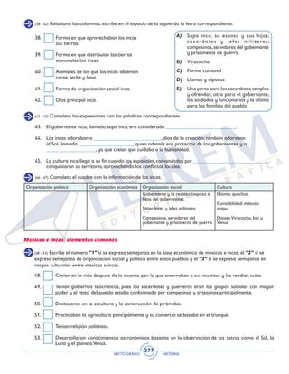 SEXTO GRADO HISTORIA
277
(38 - 42) Relaciona las columnas, escribe en el espacio de la izquierda la letra correspondiente.
A)	 Sapa inca, su esposa y sus hijos;
sacerdotes y jefes militares;
campesinos,servidores del gobernante
y prisioneros de guerra.
B)	 Viracocha
C)	 Forma comunal
D)	 Llamas y alpacas
E)	 Una parte para los sacerdotes templos
y ofrendas; otra para el gobernante,
los soldados y funcionarios y la última
para las familias del pueblo.
38.	 Forma en que aprovechaban los incas
sus tierras.
39.	 Forma en que distribuían las tierras
comunales los incas.
40.	 Animales de los que los incas obtenían
carne, leche y lana.
41.	 Forma de organización social inca.
42.	 Dios principal inca.
(43 - 45) Completa las expresiones con las palabras correspondientes.
(46 - 47) Completa el cuadro con la información de los incas.
43. 	 El gobernante inca, llamado sapa inca, era considerado ___________________________.
44. 	 Los incas adoraban a __________________________, dios de la creación; también adoraban
al Sol, llamado _____________________, quien además era protector de los gobernantes. y a
___________________, ya que creían que cuidaba a la humanidad.
45.	 La cultura inca llegó a su fin cuando los españoles, comandados por ____________________________,
conquistaron su territorio, aprovechando los conflictos locales.
Organización política Organización económica Organización social Cultura
Gobernante y la realeza (esposa e
hijos del gobernante).
Sacerdotes y jefes militares.
Campesinos, servidores del
gobernante y prisioneros de guerra.
Idioma: quechua.
Contabilidad: método
quipu.
Dioses:Viracocha, Inti y
Venus.
(48 - 53) Escribe el número “1” si se expresa semejanza en la base económica de mexicas e incas; el “2” si se
expresa semejanza de organización social y política entre estos pueblos y el “3” si se expresa semejanza en
rasgos culturales entre mexicas e incas.
Mexicas e incas: elementos comunes
48.	 Creían en la vida después de la muerte, por lo que enterraban a sus muertos y les rendían culto.
49.	 Tenían gobiernos teocráticos, pues los sacerdotes y guerreros eran los grupos sociales con mayor
poder y el resto del pueblo estaba conformado por campesinos y artesanos principalmente.
50.	 Destacaron en la escultura y la construcción de pirámides.
51.	 Practicaban la agricultura principalmente y su comercio se basaba en el trueque.
52.	 Tenían religión politeísta.
53.	 Desarrollaron conocimientos astronómicos basados en la observación de los astros como el Sol, la
Luna y el planetaVenus.
 