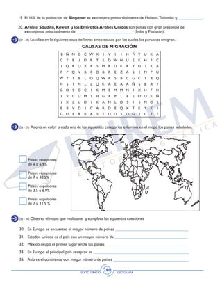 SEXTO GRADO GEOGRAFÍA
280
19.	El 11% de la población de Singapur es extranjera primordialmente de Malasia,Tailandia y ____________.
20.	 Arabia Saudita, Kuwait y los Emiratos Árabes Unidos son países con gran presencia de
extranjeros, principalmente de ____________________________ (India y Pakistán).
(21 - 25) Localiza en la siguiente sopa de letras cinco causas por las cuales las personas emigran.
CAUSAS DE MIGRACIÓN
B Ñ N G C W X J V I I H Ñ Y U K A
C T B J D R T E D W H U E K H F C
J Q R Q X P S M R D K R Y D J K A
F P Q V B P O B R E Z A S J M P U
W Y T E L O Q W P S B C G C T B Q
N S T N L L Q K A E A A Ñ S B A Y
G O S O C I K M E M M N I X H F H
I V C U M T H G X P L E E O O K Ñ
J X L U D I K A N L O S I S M O S
E B V D J C A R D E Q X T K Y K J
G U E R R A S E D O S O G J C F T
(26 - 29) Asigna un color a cada una de las siguientes categorías e ilumina en el mapa los países señalados.
Países receptores
de 4 a 6.9%
Países receptores
de 7 a 38.5%
Países expulsores
de 3.5 a 6.9%
Países expulsores
de 7 a 11.5 %
(30 - 34) Observa el mapa que realizaste y completa las siguientes cuestiones
30.	 En Europa se encuentra el mayor número de países ____________________________________
31.	 Estados Unidos es el país con un mayor número de ____________________________________
32.	 México ocupa el primer lugar entre los países _________________________________________
33.	 En Europa el principal país receptor es _______________________________________________
34.	 Asia es el continente con mayor número de países _____________________________________
 