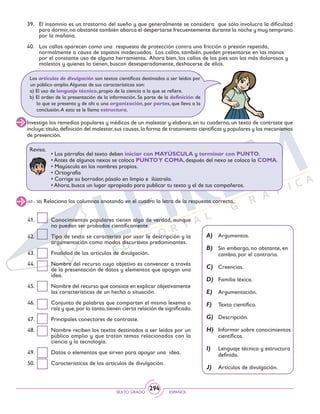 SEXTO GRADO ESPAÑOL
294
(41 - 50) Relaciona las columnas anotando en el cuadro la letra de la respuesta correcta.
41.	 Conocimientos populares tienen algo de verdad, aunque
no puedan ser probados científicamente.
42.	 Tipo de texto se caracteriza por usar la descripción y la
argumentación como modos discursivos predominantes.
43.	 Finalidad de los artículos de divulgación.
44.	 Nombre del recurso cuyo objetivo es convencer a través
de la presentación de datos y elementos que apoyan una
idea.
45.	 Nombre del recurso que consiste en explicar objetivamente
las características de un hecho o situación.
46.	 Conjunto de palabras que comparten el mismo lexema o
raíz y que,por lo tanto,tienen cierta relación de significado.
47.	 Principales conectores de contraste.
48.	 Nombre reciben los textos destinados a ser leídos por un
público amplio y que tratan temas relacionados con la
ciencia y la tecnología.
49.	 Datos o elementos que sirven para apoyar una idea.
50.	 Características de los artículos de divulgación.
A)	 Argumentos.
B)	 Sin embargo, no obstante, en
cambio, por el contrario.
C)	 Creencias.
D)	 Familia léxica.
E)	 Argumentación.
F)	 Texto científico.
G)	 Descripción.
H)	 Informar sobre conocimientos
científicos.
I)	 Lenguaje técnico y estructura
definida.
J)	 Artículos de divulgación.
Los artículos de divulgación son textos científicos destinados a ser leídos por
un público amplio.Algunas de sus características son:
a) El uso de lenguaje técnico, propio de la ciencia a la que se refiere.
b) El orden de la presentación de la información. Se parte de la definición de
lo que se presenta y de ahí a una organización, por partes, que lleva a la
conclusión.A esto se le llama estructura.
Investiga los remedios populares y médicos de un malestar y elabora, en tu cuaderno, un texto de contraste que
incluya:título,definición del malestar,sus causas,la forma de tratamiento científicas y populares y los mecanismos
de prevención.
Revisa.
• Los párrafos del texto deben iniciar con MAYÚSCULA y terminar con PUNTO.
• Antes de algunos nexos se coloca PUNTOY COMA, después del nexo se coloca la COMA.
• Mayúscula en los nombres propios.
• Ortografía
• Corrige su borrador, pásalo en limpio e ilústralo.
• Ahora, busca un lugar apropiado para publicar tu texto y el de tus compañeros.
39.	 El insomnio es un trastorno del sueño y que generalmente se considera que sólo involucra la dificultad
para dormir,no obstante también abarca el despertarse frecuentemente durante la noche y muy temprano
por la mañana.
40.	 Los callos aparecen como una respuesta de protección contra una fricción o presión repetida,
normalmente a causa de zapatos inadecuados. Los callos, también, pueden presentarse en las manos
por el constante uso de alguna herramienta. Ahora bien, los callos de los pies son los más dolorosos y
molestos y quienes lo tienen, buscan desesperadamente, deshacerse de ellos.
 