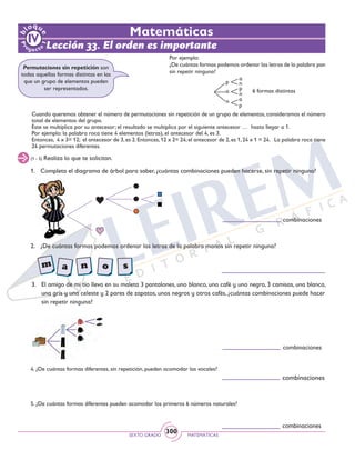SEXTO GRADO MATEMÁTICAS
300
Lección 33. El orden es importante
Matemáticas
Permutaciones sin repetición son
todas aquellas formas distintas en las
que un grupo de elementos pueden
ser representados.
Por ejemplo:
¿De cuántas formas podemos ordenar las letras de la palabra pan
sin repetir ninguna?
Cuando queremos obtener el número de permutaciones sin repetición de un grupo de elementos, consideramos el número
total de elementos del grupo.
Éste se multiplica por su antecesor; el resultado se multiplica por el siguiente antecesor … hasta llegar a 1.
Por ejemplo: la palabra roca tiene 4 elementos (letras), el antecesor del 4, es 3.
Entonces, 4 x 3= 12; el antecesor de 3, es 2. Entonces, 12 x 2= 24; el antecesor de 2, es 1, 24 x 1 = 24. La palabra roca tiene
24 permutaciones diferentes.
6 formas distintasp
p
p
a
a
a
n
n
n
(1 - 5) Realiza lo que te solicitan.
1. 	 Completa el diagrama de árbol para saber, ¿cuántas combinaciones pueden hacerse, sin repetir ninguna?
2. 	 ¿De cuántas formas podemos ordenar las letras de la palabra manos sin repetir ninguna?
3. 	 El amigo de mi tío lleva en su maleta 3 pantalones, uno blanco, uno café y uno negro, 3 camisas, una blanca,
una gris y una celeste y 2 pares de zapatos, unos negros y otros cafés, ¿cuántas combinaciones puede hacer
sin repetir ninguna?	
combinaciones
combinaciones
combinaciones
combinaciones
4. ¿De cuántas formas diferentes, sin repetición, pueden acomodar las vocales?
5. ¿De cuántas formas diferentes pueden acomodar los primeros 6 números naturales?
 
