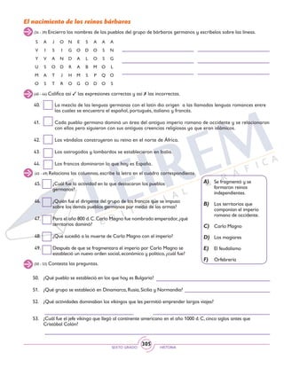 SEXTO GRADO HISTORIA
305
El nacimiento de los reinos bárbaros
(34 - 39) Encierra los nombres de los pueblos del grupo de bárbaros germanos y escríbelos sobre las líneas.
S A J O N E S A A A
V I S I G O D O S N
Y V A N D A L O S G
U S O D R A B M O L
M A T J H M S P Q O
O S T R O G O D O S
(40 - 44) Califica así 3 las expresiones correctas y así 7 las incorrectas.
40.	 La mezcla de las lenguas germanas con el latín dio origen a las llamadas lenguas romances entre
las cuales se encuentra el español, portugués, italiano y francés.
41.	 Cada pueblo germano dominó un área del antiguo imperio romano de occidente y se relacionaron
con ellos pero siguieron con sus antiguas creencias religiosas ya que eran islámicos.
42.	 Los vándalos construyeron su reino en el norte de África.
43.	 Los ostrogodos y lombardos se establecieron en Italia.
44.	 Los francos dominaron lo que hoy es España.
(45 - 49) Relaciona las columnas, escribe la letra en el cuadro correspondiente.
A)	 Se fragmentó y se
formaron reinos
independientes.
B)	 Los territorios que
componían el imperio
romano de occidente.
C)	 Carlo Magno
D)	 Los magiares
E)	 El feudalismo
F)	 Orfebrería
45.	 ¿Cuál fue la actividad en la que destacaron los pueblos
germanos?
46.	 ¿Quién fue el dirigente del grupo de los francos que se impuso
sobre los demás pueblos germanos por medio de las armas?
47.	 Para el año 800 d.C.Carlo Magno fue nombrado emperador,¿qué
territorios dominó?
48.	 ¿Qué sucedió a la muerte de Carlo Magno con el imperio?
49.	 Después de que se fragmentara el imperio por Carlo Magno se
estableció un nuevo orden social, económico y político, ¿cuál fue?
50.	 ¿Qué pueblo se estableció en los que hoy es Bulgaria?
51.	 ¿Qué grupo se estableció en Dinamarca, Rusia, Sicilia y Normandía?
52.	 ¿Qué actividades dominaban los vikingos que les permitió emprender largos viajes?
53.	 ¿Cuál fue el jefe vikingo que llegó al continente americano en el año 1000 d. C, cinco siglos antes que
Cristóbal Colón?
(50 - 53) Contesta las preguntas.
 