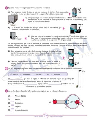 SEXTO GRADO CIENCIAS NATURALES
326
(26 - 30) Escribe en el cuadro la letra adecuada según lo que se indica en el esquema.
Sigue las instrucciones para construir un sencillo periscopio.
A) 	Para empezar, corta la tapa a los dos cartones de leche y fíjate que puedas
encajarlos (meter uno dentro de otro), pero por ahora déjalos separados.
B)	 Dibuja con lápiz una ventana de aproximadamente 12 x 10 cm en una de las caras
de cada uno de los cartones de leche (cerca de la base que no cortaste) y, con
ayuda de un adulto, recórtalas.
C) 	 Es el turno de insertar los espejos. Para esto es importante que
entiendas como funciona un periscopio.
D)	 Hay que colocar los espejos formando un ángulo de 45° con la base del cartón.
Este paso es importante para que el periscopio realmente funcione. El ángulo
que forman los lados de la caja mide 90° (ángulo recto).
Tal vez hayas notado que 45 es la mitad de 90. ¿Entonces? Pues tienes que dividir al ángulo recto en dos partes
iguales, trazando una línea con lápiz y regla (de cada lado del cartón, como en la figura). Repetí este paso en
cada uno de los dos cartones.
E)	 Con un exacto, corta sobre la línea que dibujaste, de cada lado del
cartón. Por esa ranura tienes que meter el espejo. Repite lo mismo en el
otro cartón, teniendo cuidado en cómo ubicar los espejos.
F)	 Mete un cartón dentro del otro (sólo un poco) como lo indica la
imagen.Asegúralos con cinta de pegar para que no se te salgan, y ¡a
espiar!
45 grados • inclinación • cercano • luz • segundo
La _______________ que llega al espejo es reflejada con el mismo ángulo con que llegó. En
tu periscopio, la luz llega al espejo más lejano de ti con una inclinación de ______________.
Luego rebota sobre el _______________ espejo (el más _______________), también con esa
____________________ y finalmente es orientado a tus ojos.
(21 - 25) Completa el siguiente texto sobre el funcionamiento del periscopio con las palabras del recuadro.
26. 	 Nervio óptico
27. 	 Retina
28. 	 Cristalino
29. 	 Objeto
30. 	 Imagen invertida
A)
E)
B) D)
C)
 