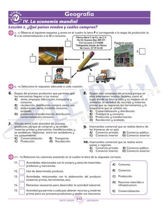 SEXTO GRADO GEOGRAFÍA
332
Geografía
IV. La economía mundial
(1 - 5) Observa el siguiente esquema y anota en el cuadro la letra P si corresponde a la etapa de producción, la
C a la comercialización o la U a consumo.
Lección 2. ¿Qué países venden y cuáles compran?
(6 - 10) Selecciona la respuesta adecuada a cada cuestión.
6.	 Etapas del proceso productivo que permiten que
las mercancías lleguen a tus manos.
A)	 venta, empaque, fabricación, transporte y
consumo.
B)	 recolección, distribución, compra, venta, uso.
C)	 elaboración, venta, traslado, consumo,
acabado.
D)	 producción, transformación, distribución,
comercialización, consumo.
	
7.	 Vínculo entre cada actividad del proceso
productivo porque se compran y se venden
materias primas y mercancías manufacturadas, y
se establecen relaciones entre los vendedores y
los consumidores.
A)	 Comercialización. B) Transporte.
C)	 Producción. 	 D) Recolección.
8.	 Etapas más complejas del proceso porque en
ellas intervienen muchos factores, como el
lugar donde se lleva a cabo y su impacto en el
ambiente, la variedad de recursos y materias
primas que se requieren, las herramientas y la
maquinaria que se utilizan, etc.
A)	 Comercialización y distribución.
B)	 Transporte y consumo.
C)	 Producción y transformación.
D)	 Recolección y acabado.
9.	 Intercambio comercial que se realiza dentro de
las fronteras de un país.
A)	 Comercio privado. B) Comercio público.
C)	 Comercio interior. D) Comercio exterior.
10.	Intercambio comercial que se realiza entre
países o regiones.
A)	 Comercio privado. B) Comercio público.
C)	 Comercio interior. D) Comercio exterior.
(11 - 15) Relaciona las columnas anotando en el cuadro la letra de la respuesta correcta.
11. 	 Actividades relacionadas con la compra y venta de materiales,
productos y mercancías.
12. 	 Uso de determinado producto.
13.	 Actividades relacionadas con la elaboración del producto
(materias primas, herramientas, etc).
14. 	 Elementos necesarios para desarrollar la actividad industrial.
15. 	 Actividad que permite a cada país obtener recursos y materias
primas para sus procesos productivos y vender sus mercancía.
A)	Consumo.
B)	Comercio.
C)	Producción.
D)	 Recursos naturales e
infraestructura.
E)	Comercialización.
 