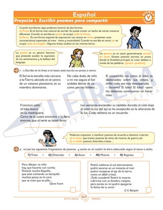 SEXTO GRADO ESPAÑOL
367
Proyecto 1. Escribir poemas para compartir
(1 - 5) Escribe en la línea si el texto está escrito en prosa o verso.
Español
Cuando escribimos algo podemos hacerlo de dos formas:
a) Prosa: Es la forma más natural de escribir. Se puede contar un hecho de varias maneras
diferentes. Cuando se escribe en prosa se ocupa toda la línea.
b) Verso: Es una forma especial de expresarse. Los textos en verso presentan unas
características especiales al crear ritmo y musicalidad. Cuando se escribe en verso no se
ocupa todo el renglón. Algunas líneas acaban en las mismas letras.
El Sol es la estrella más cercana
a laTierra;ubicada en el centro
de un sistema planetario, es su
miembro dominante.
No cabe duda, de niño
a mi me seguía el Sol
andaba detrás de mí
como perrito faldero…
Francisco salió:
al lobo buscó
en su madriguera.
Cerca de la cueva encontró a la fiera
enorme, que al verle se lanzó feroz.
El pastorcillo vio como el lobo se
abalanzaba sobre sus ovejas, y
chilló cada vez más desesperado:
– Socorro! El lobo! El lobo! –pero
los aldeanos continuaron sin hacer
caso.
Las ventanas encienden su candela dorada; el cielo baja
el tono; la luz del sol se ha envejecido; es la añoranza de
la luz. Cada ventana es un recuerdo.
Podemos organizar o clasificar poemas de acuerdo a distintos criterios:
a) el tema que tratan: poemas de amor, de muerte, de guerra, etc
b) el estilo: poemas divertidos, tristes…
La poesía es un género literario
que pretende exaltar la expresión
de los sentimientos y la belleza del
lenguaje.
Un poema es un texto generalmente escrito
en verso. Existen poemas escritos en prosa
donde la finalidad principal es crear belleza a
través de las palabras (prosa poética).
(6 - 10) Lee los siguientes fragmentos de poemas y anota en el cuadro la letra adecuada según el tema o estilo.
T) Triste • D) Divertido • A) Amor • M) Muerte • R) Regreso
Para dibujar un niño
hay que hacerlo con cariño.
Pintarle mucho flequillo,
que esté comiendo un barquillo
muchas pecas en la cara
que se note que es pillo…
Gloria Fuent
Podrá nublarse el sol eternamente;
podrá secarse en un instante el mar:
podrá romperse el eje de la tierra
como un débil cristal.
¡Todo sucederá! Podrá la muerte
cubrirme con su fúnebre crespón,
pero jamás en mí podrá apagarse
la llama de tu amor.
G.A. Bécquer
 