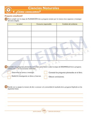 SEXTO GRADO CIENCIAS NATURALES
380
Para cumplir con la etapa de PLANEACIÓN de su proyecto anoten por lo menos cinco aspectos a investigar
del tema elegido.
La salud Consumo responsable Cuidado del ambiente
Proyecto estudiantil
Ciencias Naturales
Considera las preguntas planteadas en tu libro para llevar a cabo la etapa de DESARROLLO de tu proyecto.
Coloca una en las acciones realizadas.
Decide con tu equipo la manera de dar a conocer a la comunidad el resultado de tu proyecto. Explícalo en las
siguientes líneas.
Determiné los temas a investigar.
Realicé la investigación en libros o Internet.
Contesté las preguntas planteadas en el libro.
Obtuve conclusiones.
V. ¿Cómo conocemos?
 