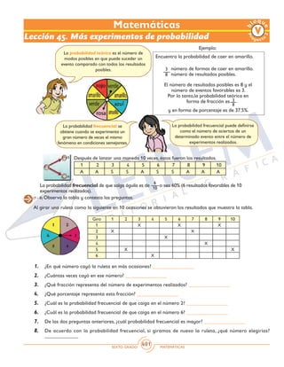 SEXTO GRADO MATEMÁTICAS
401
Matemáticas
Lección 45. Más experimentos de probabilidad
La probabilidad teórica es el número de
modos posibles en que puede suceder un
evento comparado con todos los resultados
posibles.
El número de resultados posibles es 8 y el
número de eventos favorables es 3.
Por lo tanto,la probabilidad teórica en
forma de fracción es
y en forma de porcentaje es de 37.5%.
Encuentra la probabilidad de caer en amarillo.
número de formas de caer en amarillo.
número de resultados posibles.
3
8
3
8
Después de lanzar una moneda 10 veces, éstos fueron los resultados.
1 2 3 4 5 6 7 8 9 10
A A S S A S S A A A
La probabilidad frecuencial de que salga águila es de	 o sea 60% (6 resultados favorables de 10
experimentos realizados).
6
10
(1 - 8) Observa la tabla y contesta las preguntas.
Al girar una ruleta como la siguiente en 10 ocasiones se obtuvieron los resultados que muestra la tabla.
Giro 1 2 3 4 5 6 7 8 9 10
1 X X X
2 X X
3 X
4 X
5 X X
6 X
Ejemplo:
La probabilidad frecuencial se
obtiene cuando se experimenta un
gran número de veces el mismo
fenómeno en condiciones semejantes.
La probabilidad frecuencial puede definirse
como el número de aciertos de un
determinado evento entre el número de
experimentos realizados.
1.	 ¿En qué número cayó la ruleta en más ocasiones? ________________
2.	 ¿Cuántas veces cayó en ese número? ________________
3.	 ¿Qué fracción representa del número de experimentos realizados? ________________
4.	 ¿Qué porcentaje representa esta fracción? ________________
5.	 ¿Cuál es la probabilidad frecuencial de que caiga en el número 2? ________________
6.	 ¿Cuál es la probabilidad frecuencial de que caiga en el número 6? ________________
7.	 De las dos preguntas anteriores, ¿cuál probabilidad frecuencial es mayor? ________________
8.	 De acuerdo con la probabilidad frecuencial, si giramos de nuevo la ruleta, ¿qué número elegirías?
_____________
 