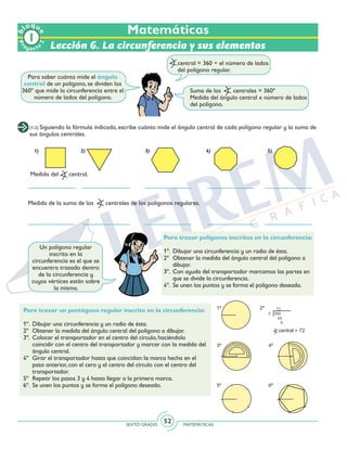 SEXTO GRADO MATEMÁTICAS
52
Matemáticas
Lección 6. La circunferencia y sus elementos
Para saber cuánto mide el ángulo
central de un polígono, se dividen los
360º que mide la circunferencia entre el
número de lados del polígono.
central = 360 ÷ el número de lados
del polígono regular.
Suma de los centrales = 360º
Medida del ángulo central x número de lados
del polígono.
(1-5) Siguiendo la fórmula indicada, escribe cuánto mide el ángulo central de cada polígono regular y la suma de
sus ángulos centrales.
Medida del central.
Medida de la suma de los centrales de los polígonos regulares.
Para trazar un pentágono regular inscrito en la circunferencia:
1º.	 Dibujar una circunferencia y un radio de ésta.
2º	 Obtener la medida del ángulo central del polígono a dibujar.
3º.	 Colocar el transportador en el centro del círculo, haciéndolo
coincidir con el centro del transportador y marcar con la medida del
ángulo central.
4º	 Girar el transportador hasta que coincidan: la marca hecha en el
paso anterior, con el cero y el centro del círculo con el centro del
transportador.
5º	 Repetir los pasos 3 y 4 hasta llegar a la primera marca.
6º.	 Se unen los puntos y se forma el polígono deseado.
Un polígono regular
inscrito en la
circunferencia es el que se
encuentra trazado dentro
de la circunferencia y
cuyos vértices están sobre
la misma.
Para trazar polígonos inscritos en la circunferencia:
1º.	 Dibujar una circunferencia y un radio de ésta.
2º	 Obtener la medida del ángulo central del polígono a
dibujar.
3º.	 Con ayuda del transportador marcamos las partes en
que se divide la circunferencia.
4º.	 Se unen los puntos y se forma el polígono deseado.
1) 2) 3) 4) 5)
Pr
oyect
o
b
loqu
e
2
 