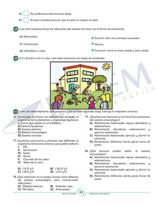 SEXTO GRADO CIENCIAS NATURALES
63
66-68) Une mediante líneas las infecciones del sistema nervioso con la forma de prevenirlas.
66. Poliomielitis
67. Cisticercosis
68. Hidrofobia o rabia
Convivir sólo con animales vacunados.
Vacuna.
Consumir carne en buen estado y bien cocida.
(69-75) Encierra con tu color azul siete situaciones de riesgo de accidentes.
76.	 Se encarga de formar las defensas que protegen al
organismo de los elementos u organismos agresores
y tóxicos que existen en el ambiente.
	 A) Sistema locomotor
	 B) Sistema nervioso
	 C) Sistema inmunológico
	 D) Sistema excretor
77. Sustancias, estructuras y procesos que defienden al
organismo de factores externos que pueden dañarlo.
	 I.	 Piel
	 II.	 Secreciones
	 III.	 Sudor
	 IV.	Orina
	 V.	 Cerumen de los oídos
	 VI.	 Vellos de la nariz
	 A)	 I, II, IV yV		 B) I, III, IV yV
	 C)	 I, III,V yVI		 D) I, II,V yVI
78. ¿Qué elementos en la sangre actúan como defensas
del sistema inmunológico para contrarrestar
infecciones?
	 A)	 Glóbulos blancos	 B) Glóbulos rojos
	 C)	Microbios		 D) Anticuerpos
79.	 ¿Qué factores favorecen el correcto funcionamiento
del sistema inmunológico?
A)	 Alimentación balanceada, reposo abundante y
sedentarismo.
B)	Alimentación abundante, sedentarismo y
ejercicio extenuante.
C)	 Alimentación balanceada, ejercicio y dormir lo
suficiente.
D) Alimentación deficiente, estrés, pocas horas de
sueño.
80.	¿Qué factores pueden dañar al sistema
inmunológico?
A)	 Alimentación balanceada, reposo abundante y
sedentarismo.
B) 	Alimentación abundante, sedentarismo y
ejercicio extenuante.
C)	 Alimentación balanceada, ejercicio y dormir lo
suficiente.
D)	 Alimentación deficiente, estrés, pocas horas de
sueño.
64. 	 De preferencia duerma boca abajo.
65. 	 Al estar sentado procurar que los pies no toquen el suelo.
(76-80) Lee detenidamente cada pregunta y sus posibles opciones, luego subraya la respuesta correcta.
 