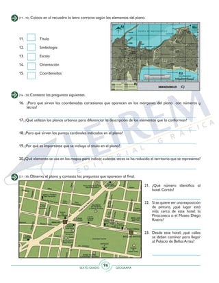 SEXTO GRADO GEOGRAFÍA
96
(11 - 15) Coloca en el recuadro la letra correcta según los elementos del plano.
11. 	 Título
12.	Simbología
13.	Escala
14. 	 Orientación
15.	Coordenadas
(16 - 20) Contesta las preguntas siguientes.
16.	 ¿Para qué sirven las coordenadas cartesianas que aparecen en los márgenes del plano con números y
letras?
	 _______________________________________________________________________________
17. ¿Qué utilizan los planos urbanos para diferenciar la descripción de los elementos que lo conforman?
	
	 _______________________________________________________________________________
18. ¿Para qué sirven los puntos cardinales indicados en el plano?
	
	 _______________________________________________________________________________
19. ¿Por qué es importante que se incluya el título en el plano?
	
	 _______________________________________________________________________________
20.¿Qué elemento se usa en los mapas para indicar cuántas veces se ha reducido el territorio que se representa?
	 _______________________________________________________________________________
(21 - 30) Observa el plano y contesta las preguntas que aparecen al final.
21.	¿Qué número identifica al
hotel Cortés?
22.	 Si se quiere ver una exposición
de pintura, ¿qué lugar está
más cerca de este hotel: la
Pinacoteca o el Museo Diego
Rivera?
23.	 Desde este hotel, ¿qué calles
se deben caminar para llegar
al Palacio de Bellas Artes?
 