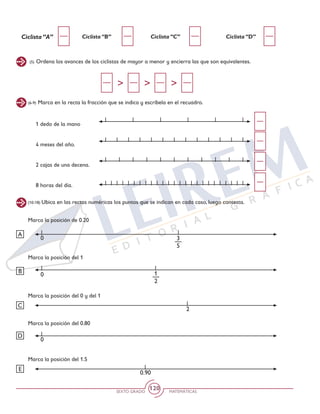 SEXTO GRADO MATEMÁTICAS
120
(5) Ordena los avances de los ciclistas de mayor a menor y encierra las que son equivalentes.
(6-9) Marca en la recta la fracción que se indica y escríbela en el recuadro.
Ciclista “A” Ciclista “B” Ciclista “C” Ciclista “D”
1 dedo de la mano
4 meses del año.
2 cajas de una decena.
8 horas del día.
(10-18) Ubica en las rectas numéricas los puntos que se indican en cada caso, luego contesta.
Marca la posición de 0.20
A
B
C
D
E
0.90
2
0
0
0
Marca la posición del 1
Marca la posición del 0 y del 1
Marca la posición del 0.80
Marca la posición del 1.5
1
2
3
5
> > >
 