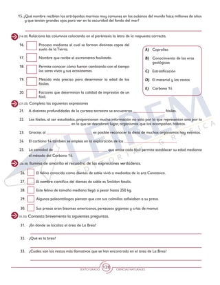 SEXTO GRADO CIENCIAS NATURALES
128
(16-20) Relaciona las columnas colocando en el paréntesis la letra de la respuesta correcta.
16. 	 Proceso mediante el cual se forman distintas capas del
suelo de la Tierra.
17. 	 Nombre que recibe el excremento fosilizado.
18. 	 Permite conocer cómo fueron cambiando con el tiempo
los seres vivos y sus ecosistemas.
19. 	 Método más preciso para determinar la edad de los
fósiles.
20. 	 Factores que determinan la calidad de impresión de un
fósil.
A) 	 Coprolito
B) 	 Conocimiento de las eras
geológicas
C) 	 Estratificación
D) 	 El material y los restos
E) 	 Carbono 14
15. ¿Qué nombre recibían los artrópodos marinos muy comunes en los océanos del mundo hace millones de años
y que tenían grandes ojos para ver en la oscuridad del fondo del mar?
(21-25) Completa las siguientes expresiones
21. 	 A distintas profundidades de la corteza terrestre se encuentran ________________ fósiles.
22. 	 Los fósiles, al ser estudiados, proporcionan mucha información no sólo por lo que representan sino por la
_____________________ en la que se descubren: lugar, organismos que los acompañan, hábitos.
23. 	 Gracias al _______________________ es posible reconocer la dieta de muchos organismos hoy extintos.
24. 	 El carbono 14 también se emplea en la exploración de los __________________________.
25. 	 La cantidad de ___________________________ que emite cada fósil permite establecer su edad mediante
el método del Carbono 14.
(26-30) Ilumina de amarillo el recuadro de las expresiones verdaderas.
26. 	 El felino conocido como dientes de sable vivió a mediados de la era Cenozoica.
27. 	 El nombre científico del dientes de sable es Smildon fatalis.
28. 	 Este felino de tamaño mediano llegó a pesar hasta 250 kg.
29. 	 Algunos paleontólogos piensan que con sus colmillos asfixiaban a su presa.
30. 	 Sus presas eran bisontes americanos, perezosos gigantes y crías de mamut
31-35) Contesta brevemente la siguientes preguntas.
31. 	 ¿En dónde se localiza el área de La Brea?
32. 	 ¿Qué es la brea?
33. 	 ¿Cuáles son los restos más llamativos que se han encontrado en el área de La Brea?
 