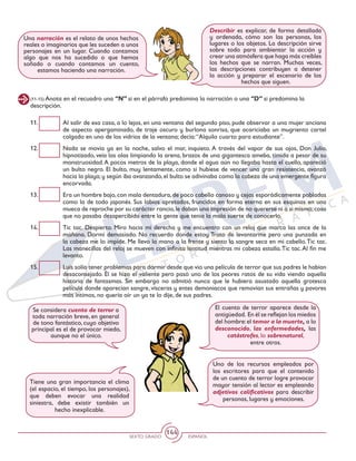 SEXTO GRADO ESPAÑOL
144
Tiene una gran importancia el clima
(el espacio, el tiempo, los personajes),
que deben evocar una realidad
siniestra, debe existir también un
hecho inexplicable.
Uno de los recursos empleados por
los escritores para que el contenido
de un cuento de terror logre provocar
mayor tensión al lector es empleando
adjetivos calificativos para describir
personas, lugares y emociones.
(11-15) Anota en el recuadro una “N” si en el párrafo predomina la narración o una “D” si predomina la
descripción.
Describir es explicar, de forma detallada
y ordenada, cómo son las personas, los
lugares o los objetos. La descripción sirve
sobre todo para ambientar la acción y
crear una atmósfera que haga más creíbles
los hechos que se narran. Muchas veces,
las descripciones contribuyen a detener
la acción y preparar el escenario de los
hechos que siguen.
Una narración es el relato de unos hechos
reales o imaginarios que les suceden a unos
personajes en un lugar. Cuando contamos
algo que nos ha sucedido o que hemos
soñado o cuando contamos un cuento,
estamos haciendo una narración.
11. 	 Al salir de esa casa, a lo lejos, en una ventana del segundo piso, pude observar a una mujer anciana
de aspecto apergaminado, de traje oscuro y burlona sonrisa, que acariciaba un mugriento cartel
colgado en uno de los vidrios de la ventana; decía:“Alquilo cuarto para estudiante”.
12. 	 Nada se movía ya en la noche, salvo el mar, inquieto. A través del vapor de sus ojos, Don Julio,
hipnotizado, veía las olas limpiando la arena, brazos de una gigantesca ameba, tímida a pesar de su
monstruosidad.A pocos metros de la playa, donde el agua aún no llegaba hasta el cuello, apareció
un bulto negro. El bulto, muy lentamente, como si hubiese de vencer una gran resistencia, avanzó
hacia la playa;y según iba avanzando,el bulto se adivinaba como la cabeza de una emergente figura
encorvada.
13. 	 Era un hombre bajo,con mala dentadura,de poco cabello canoso y cejas esporádicamente pobladas
como la de todo japonés. Sus labios apretados, fruncidos en forma eterna en sus esquinas en una
mueca de reproche por su carácter rancio,le daban una impresión de no quererse ni a si mismo;cosa
que no pasaba desapercibida entre la gente que tenia la mala suerte de conocerlo.
14. 	 Tic tac. Despierto. Miro hacia mi derecha y me encuentro con un reloj que marca las once de la
mañana. Dormí demasiado. No recuerdo donde estoy. Trato de levantarme pero una punzada en
la cabeza me lo impide. Me llevo la mano a la frente y siento la sangre seca en mi cabello.Tic tac.
Las manecillas del reloj se mueven con infinita lentitud mientras mi cabeza estalla.Tic tac.Al fin me
levanto.
15. 	 Luis solía tener problemas para dormir desde que vio una película de terror que sus padres le habían
desaconsejado. Él se hizo el valiente pero pasó uno de los peores ratos de su vida viendo aquella
historia de fantasmas. Sin embargo no admitió nunca que le hubiera asustado aquella grotesca
película donde aparecían sangre, vísceras y entes demoniacos que removían sus entrañas y pavores
más íntimos, no quería oír un ya te lo dije, de sus padres.
Se considera cuento de terror a
toda narración breve, en general
de tono fantástico, cuyo objetivo
principal es el de provocar miedo,
aunque no el único.
El cuento de terror aparece desde la
antigüedad. En él se reflejan los miedos
del hombre:el temor a la muerte, a lo
desconocido, las enfermedades, las
catástrofes, lo sobrenatural,
entre otros.
 