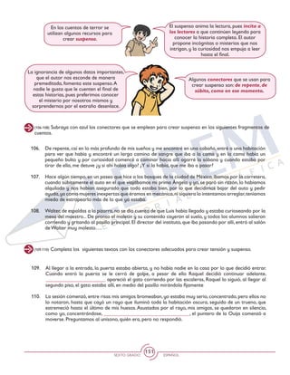SEXTO GRADO ESPAÑOL
151
En los cuentos de terror se
utilizan algunos recursos para
crear suspenso.
El suspenso anima la lectura, pues incita a
los lectores a que continúen leyendo para
conocer la historia completa. El autor
propone incógnitas o misterios que nos
intrigan, y la curiosidad nos empuja a leer
hasta el final.
La ignorancia de algunos datos importantes,
que el autor nos esconde de manera
premeditada, fomenta este suspenso.A
nadie le gusta que le cuenten el final de
estas historias, pues preferimos conocer
el misterio por nosotros mismos y
sorprendernos por el extraño desenlace.
Algunos conectores que se usan para
crear suspenso son: de repente, de
súbito, como en ese momento.
(106-108) Subraya con azul los conectores que se emplean para crear suspenso en los siguientes fragmentos de
cuentos.
(109-110) Completa los siguientes textos con los conectores adecuados para crear tensión y suspenso.
109. 	 Al llegar a la entrada, la puerta estaba abierta, y no había nadie en la casa por lo que decidió entrar.
Cuando entró la puerta se le cerró de golpe, a pesar de ello Raquel decidió continuar adelante,
_______________________ apareció el gato corriendo por las escaleras, Raquel lo siguió, al llegar al
segundo piso, el gato estaba allí, en medio del pasillo mirándola fijamente
110. 	 La sesión comenzó, entre risas mis amigos bromeaban, yo estaba muy serio, concentrado, pero ellos no
lo notaron, hasta que cayó un rayo que iluminó toda la habitación oscura, seguido de un trueno, que
estremeció hasta el último de mis huesos.Asustados por el rayo, mis amigos, se quedaron en silencio,
como yo, concentrándose, _________________________________, el puntero de la Ouija comenzó a
moverse. Preguntamos al unísono, quién era, pero no respondió.
106. 	 De repente,caí en lo más profundo de mis sueños y me encontré en una cabaña,entré a una habitación
para ver que había y encontré un largo camino de sangre que iba a la cama y en la cama había un
pequeño bulto y por curiosidad comencé a caminar hacia allí agarré la sábana y cuando estaba por
tirar de ella, me detuve ¿y si ahí había algo? ¿Y si la había, que me iba a pasar?
107. 	 Hace algún tiempo,en un paseo que hice a los bosques de la ciudad de México,íbamos por la carretera,
cuando súbitamente el auto en el que viajábamos mi prima Ángela y yo, se paró sin razón, lo habíamos
alquilado y nos habían asegurado que todo estaba bien, por lo que decidimos bajar del auto y pedir
ayuda,ya como mujeres inexpertas que éramos en mecánica,ni siquiera lo intentamos arreglar,teníamos
miedo de estropearlo más de lo que ya estaba.
108. 	 Walter,de espaldas a la pizarra,no se dio cuenta de que Luis había llegado y estaba curioseando por la
mesa del maestro... De pronto el maletín y su contenido cayeron al suelo, y todos los alumnos salieron
corriendo y gritando al pasillo principal. El director del instituto, que iba pasando por allí, entró al salón
de Walter muy molesto….
 