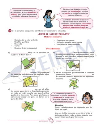 SEXTO GRADO ESPAÑOL
179
e)	 _________________________ una con el alfiler
las puntas y por detrás lo fijas al palito, poniendo
en medio un botón pequeño para que el rehilete
pueda girar libremente. Para evitar pinchazos, es
conveniente colocar una goma de borrar en la
punta del alfiler.
Cuando se desarrolla la secuencia
de actividades en un instructivo es
conveniente utilizar algunos conectores
temporales: primero, después,
mientras, al mismo tiempo, etc.
Recuerda que debes iniciar cada
oración con mayúscula y terminar
con punto, no olvides la mayúscula
después del punto.
a) ___________________dibuje en la cartulina, un
cuadrado de 15 cm de lado.
b) 	 ___________________ recorte el cuadrado y trace,
con la ayuda de una regla, las dos diagonales, hasta
la mitad,es decir,sin que las líneas alcancen la parte
central del cuadrado.
Procedimiento:
(31 - 35) Completa las siguientes actividades con los conectores adecuados.
•	 Cartulina del tu color preferido
•	 Un alfiler y un lápiz
•	 Una regla
•	Tijeras
•	 Un goma de borrar (pequeña)
¿CÓMO SE HACE UN REHILETE?
•	 Pegamento para papel.
•	 Un botón pequeño o una cuenta
•	 Una palito de paleta redondo
Material necesario:
Dentro de los materiales y el
procedimiento se usan numerales o
viñetas para indicar secuencias de
actividades o listas de elementos.
c) 	 ____________________ corte las diagonales por
las líneas que trazó. Recuerde que no puedes llegar
al centro.
d) 	De las ocho puntas que ahora tiene el cuadrado,
junte cuatro puntas _______________________ en
el centro del cuadrado, pegándolas con pegamento
al centro.
Ejemplos:
Corte cuidadosamente las diagonales por las
líneas que trazó.
Une con el alfiler las puntas y por detrás lo fijas al
palito, poniendo en medio un botón pequeño para
que el rehilete pueda girar libremente.
Es conveniente que en los
instructivos se utilicen adjetivos
y adverbios de manera que
se precise o logre un efecto
determinado en el texto.
 