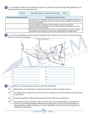 SEXTO GRADO HISTORIA
226
(29 - 31) Completa la tabla con las palabras del recuadro y observa la importancia del medio geográfico en el
desarrollo de las culturas mesoamericanas.
Elementos del medio geográfico Favoreció en el desarrollo de…
Las culturas que se asentaron alrededor de estos elementos geográficos basaron su
alimentación en la agricultura, por eso sus aldeas y centros urbanos se desarrollaron
cerca de estos lugares.
El clima templado y abundante biodiversidad permitieron que pequeños
asentamientos se convirtieran en centros urbanos gracias a la frecuencia con que
llovía que favorecía los cultivos.
Los mayores centros urbanos se asentaron en valles, altiplanos y planicies, donde
aprovecharon los caudales de los ríos, tanto superficiales como subterráneos.
• Relieve	 • Ríos, lagos, lagunas o regiones pantanosas	 • Clima
(32 - 43) Ilumina con diferentes colores el espacio geográfico que ocuparon las diez culturas mesoamericanas y
escribe sus nombres en las líneas.
1.
2.
3.
4.
5.
6.
7.
8.
9.
10.
11.
12.
(44 - 47) Califica así: las expresiones correctas y así: las equivocadas.
44.	 Mesoamerica no es solamente un espacio territorial, es también un espacio cultural.
45.	 Las civilizaciones mesoamericanas encontraron en el actual territorio de Coahuila un sitio ideal para
la agricultura.
46.	 El medio geográfico de Mesoamérica favoreció el desarrollo de sus civilizaciones.
47.	 Las mesoamericanos compartían rasgos comunes, como la economía basada en la agricultura y
comercio, la sociedad jerarquizada, elementos culturales como la construcción de pirámides y el
juego de pelota, la religión politeísta, su escritura ideográfica, sistema de numeración vegesimal y
utilización de calendarios.
11)
12)
 