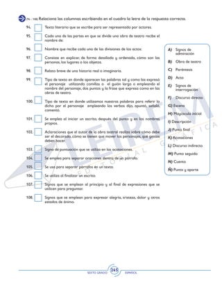 SEXTO GRADO ESPAÑOL
245
(94 - 108) Relaciona las columnas escribiendo en el cuadro la letra de la respuesta correcta.
94. 	 Texto literario que se escribe para ser representado por actores.
95. 	 Cada una de las partes en que se divide una obra de teatro recibe el
nombre de:
96. 	 Nombre que recibe cada una de las divisiones de los actos:
97. 	 Consiste en explicar, de forma detallada y ordenada, cómo son las
personas, los lugares o los objetos.					
	
98. 	 Relato breve de una historia real o imaginaria.
99. 	 Tipo de texto en donde aparecen las palabras tal y como las expresó
el personaje utilizando comillas o el guión largo o empleando el
nombre del personaje, dos puntos y la frase que expresa como en las
obras de teatro.
100. 	 Tipo de texto en donde utilizamos nuestras palabras para referir lo
dicho por el personaje empleando los verbos dijo, apuntó, señaló,
comentó.
101. 	 Se emplea al iniciar un escrito, después del punto y en los nombres
propios.
102. 	 Aclaraciones que el autor de la obra teatral realiza sobre cómo debe
ser el decorado, cómo se tienen que mover los personajes, qué gestos
deben hacer.
103. 	 Signo de puntuación que se utiliza en las acotaciones.
104. 	 Se emplea para separar oraciones dentro de un párrafo.
105. 	 Se usa para separar párrafos en un texto.
106. 	 Se utiliza al finalizar un escrito.
107. 	 Signos que se emplean al principio y al final de expresiones que se
utilicen para preguntar.
108. 	 Signos que se emplean para expresar alegría, tristeza, dolor y otros
estados de ánimo.
A) 	 Signos de
admiración
B) 	 Obra de teatro
C) 	 Paréntesis
D) 	 Acto
E) 	 Signos de
interrogación
F) 	 Discurso directo
G) Escena
H) Mayúscula inicial
I) Descripción
J) Punto final
K) Acotaciones
L) Discurso indirecto
M) Punto seguido
N) Cuento
Ñ) Punto y aparte
 