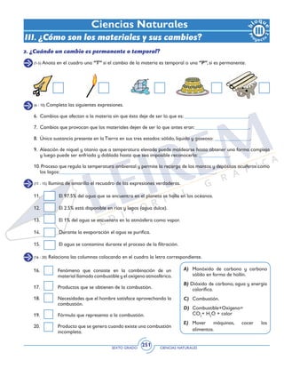 SEXTO GRADO CIENCIAS NATURALES
251
(1-5) Anota en el cuadro una “T” si el cambio de la materia es temporal o una “P”, si es permanente.
(6 - 10) Completa las siguientes expresiones.
(11 - 15) Ilumina de amarillo el recuadro de las expresiones verdaderas.
Ciencias Naturales
III. ¿Cómo son los materiales y sus cambios?
2. ¿Cuándo un cambio es permanente o temporal?
6. 	Cambios que afectan a la materia sin que ésta deje de ser lo que es: _________________________.
7. 	Cambios que provocan que los materiales dejen de ser lo que antes eran: _____________________.
8. 	Única sustancia presente en la Tierra en sus tres estados: sólido, líquido y gaseoso: ______________.
9. 	Aleación de níquel y titanio que a temperatura elevada puede moldearse hasta obtener una forma compleja
y luego puede ser enfriada y doblada hasta que sea imposible reconocerla: ____________.
10. Proceso que regula la temperatura ambiental y permite la recarga de los mantos y depósitos acuíferos como
los lagos:_____________________________________________________________.
11. 	 El 97.5% del agua que se encuentra en el planeta se halla en los océanos.
12. 	 El 2.5% está disponible en ríos y lagos (agua dulce).
13. 	 El 1% del agua se encuentra en la atmósfera como vapor.
14. 	 Durante la evaporación el agua se purifica.
15. 	 El agua se contamina durante el proceso de la filtración.
(16 - 20) Relaciona las columnas colocando en el cuadro la letra correspondiente.
A)	 Monóxido de carbono y carbono
sólido en forma de hollín.
B) Dióxido de carbono, agua y energía
calorífica.
C) 	Combustión.
D)	 Combustible+Oxígeno= 		
CO2
+ H2
O + calor	
E)	Mover máquinas, cocer los
alimentos.
16. 	 Fenómeno que consiste en la combinación de un
material llamado combustible y el oxígeno atmosférico.
17. 	 Productos que se obtienen de la combustión.
18. 	 Necesidades que el hombre satisface aprovechando la
combustión.
19. 	 Fórmula que representa a la combustión.
20. 	 Producto que se genera cuando existe una combustión
incompleta.
 