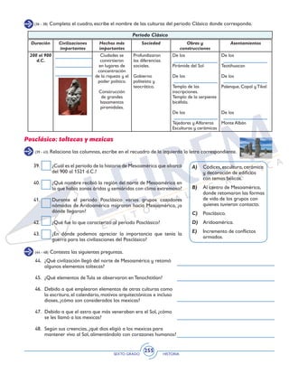SEXTO GRADO HISTORIA
255
(36 - 38) Completa el cuadro, escribe el nombre de las culturas del periodo Clásico donde corresponda.
Duración Civilizaciones
importantes
Hechos más
importantes
Sociedad Obras y
construcciones
Asentamientos
200 al 900
d.C.
Ciudades se
convirtieron
en lugares de
concentración
de la riqueza y el
poder político.
Construcción
de grandes
basamentos
piramidales.
Profundizaron
las diferencias
sociales.
Gobierno
politeísta y
teocrático.
De los
Pirámide del Sol
De los
Templo de las
inscripciones.
Templo de la serpiente
bicéfala.
De los
Tejedores y Alfareros
Esculturas y cerámicas
De los
Teotihuacan
De los
Palenque, Copal y Tikal
De los
Monte Albán
Periodo Clásico
Posclásico: toltecas y mexicas
(39 - 43) Relaciona las columnas, escribe en el recuadro de la izquierda la letra correspondiente.
A)	 Códices, escultura, cerámica
y decoración de edificios
con temas bélicos.
B)	 Al centro de Mesoamérica,
donde retomaron las formas
de vida de los grupos con
quienes tuvieron contacto.
C)	Posclásico.
D)	Aridoamérica.
E)	 Incremento de conflictos
armados.
39.	 ¿Cuál es el periodo de la historia de Mesoamérica que abarcó
del 900 al 1521 d.C.?
40.	 ¿Qué nombre recibió la región del norte de Mesoamérica en
la que había zonas áridas y semiáridas con clima extremoso?
41.	 Durante el periodo Posclásico varios grupos cazadores
nómadas de Aridoamérica migraron hacia Mesoamérica, ¿a
dónde llegaron?
42.	 ¿Qué fue lo que caracterizó al periodo Posclásico?
43.	 ¿En dónde podemos apreciar la importancia que tenía la
guerra para las civilizaciones del Posclásico?
(44 - 48) Contesta las siguientes preguntas.
44.	 ¿Qué civilización llegó del norte de Mesoamérica y retomó
algunos elementos toltecas?
45.	 ¿Qué elementos de Tula se observaron en Tenochtitlan?
46.	 Debido a qué emplearon elementos de otras culturas como
la escritura, el calendario, motivos arquitectónicos e incluso
dioses, ¿cómo son considerados los mexicas?
47.	 Debido a que el astro que más veneraban era el Sol, ¿cómo
se les llamó a los mexicas?
48.	 Según sus creencias, ¿qué dios eligió a los mexicas para
mantener vivo al Sol, alimentándolo con corazones humanos?
 