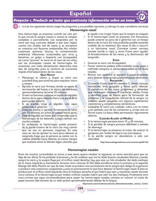 SEXTO GRADO ESPAÑOL
289
Español
Proyecto 1. Producir un texto que contraste información sobre un tema
(1 - 10) Lee los siguientes textos, luego las preguntas y sus posibles opciones y subraya la que consideres correcta.
Hemorragia nasal
Una hemorragia se presenta cuando las vías por
la que circula la sangre (venas o vasos) se rompen
completa o parcialmente. Los sangrados por la
nariz son muy comunes debido a que esta región
cuenta con amplia red de vasos, y se encuentra
en contacto con factores ambientales. Así, inhalar
sustancias químicas tóxicas, la contaminación
ambiental, infecciones ocasionadas por virus y
bacterias, un golpe o limpiarla con brusquedad,
así como “picarse” la nariz en el caso de los niños,
son las principales causas de hemorragias. En
ocasiones, una mala alimentación determina este
tipo de sangrado, pues la carencia de nutrientes
impide el fortalecimiento de los vasos.
Qué Hacer
•	 Mantenga la calma y limpie su nariz con
suavidad (hay que sonarse) para expulsar moco
y sangre.
•	 Apriete la nariz con firmeza, donde se siente la
terminación del hueso, a la altura del entrecejo,
aproximadamente durante 10 minutos.
•	 Si esto no funciona,coloque un tapón de algodón
dentro de la nariz,dejando fuera una parte de él
para poder sacarlo.
•	 Si es posible, moje el algodón con agua
oxigenada o glicerina.
•	 Después vuelva a apretar firmemente la nariz
por 10 minutos, sin echar la cabeza hacia atrás.
•	 Deje el algodón así hasta que compruebe que la
hemorragia se ha detenido. Luego, retírelo con
mucho cuidado.
•	 En ocasiones, la hemorragia puede provenir
de la parte trasera de la nariz (es muy común
que así sea en personas mayores). En este
caso, en vez de apretar la nariz para detener el
sangrado, haga que la persona se siente con la
cabeza doblada hacia delante, al mismo tiempo
que sostiene entre lo dientes algún utensilio que
le ayude a no tragar hasta que la sangre se coagule.
•	 Si la hemorragia nasal se presenta con frecuencia,
puede untarse un poco de o glicerina con un hisopo
dentro de la nariz (lo más profundo posible teniendo
cuidado de no lastimar) dos veces al día, o recurrir
a un lubricante nasal. Conviene comer naranja,
tomate (verde o rojo) y otras frutas para ayudar
al fortalecimiento de las venas y la disminución del
sangrado.
Evite
•	 Sonarse la nariz con brusquedad.
•	 Fumar mientras padece enfermedades como gripe o
resfriado, tampoco si siente resequedad en las fosas
nasales.
•	 Retirar con violencia el algodón o papel empleado
para detener el sangrado,pues éste puede reiniciarse.
Recuerde
•	 Consumir frutas ricas en vitamina C (limón, toronja,
mandarina, lima, guayaba y fresa) para reforzar
la estructura de los vasos sanguíneos y alimentos
que contengan vitamina K (verduras verdes, frutas
y semillas), pues es básica para la formación de
proteínas y la coagulación normal de la sangre. Lo
anterior puede apoyarse con algunos suplementos
vitamínicos y complementos alimenticios.
•	 Limpiarse la nariz con cuidado: cubra con la mano
y un pañuelo uno de los conductos y arroje aire en
forma suave. La boca debe permanecer ligeramente
abierta.
Cuándo Acudir al Médico
•	 Si la hemorragia persiste entre 15 y 30 minutos.
•	 Si la pérdida de sangre provoca debilidad o señales
de desmayo.
•	 Si la hemorragia se presenta al tratar de aclarar la
garganta por medio de ligera tos (carraspeo).
•	 Si se pierde sangre en abundancia o sale con
velocidad
	 http://www.saludymedicinas.com.mx/nota.asp?id=132
Hemorragias nasales
Entre las muchas curiosidades en torno a este tema, quiero resaltar la siguiente, un tanto extraña pero que no
deja de ser eficaz.Yo he probado el proceso y he de confesar que me ha dado buenos resultados.Veamos: cuando
sangra la nariz y la sangre fluye por el orificio nasal derecho, hay que atar un hilo alrededor del dedo meñique
de la mano izquierda y mantenerlo durante cinco minutos. El hilo debe enrollarse entre la primera y la segunda
falange del dedo.Parece ser que de este modo se produce una acumulación de la sangre que obliga al organismo
a producir más sustancias coagulantes y esto es precisamente lo que hace detener la hemorragia nasal.Si ésta se
produce por el orificio nasal izquierdo, será el meñique derecho el que habrá que atar y mantener atado durante
cinco minutos. Si la hemorragia es por ambos orificios nasales, habrá que atar los dos meñiques. Finalmente otra
cosa curiosa que sigue recomendándose para atajar las hemorragias nasales consiste en colocar un trozo de
papel secante (del tamaño de un sello postal, aproximadamente) debajo de la lengua.
http://www.canal-medicina.es/Curas_Naturales/remedios_caseros_12.htm
 