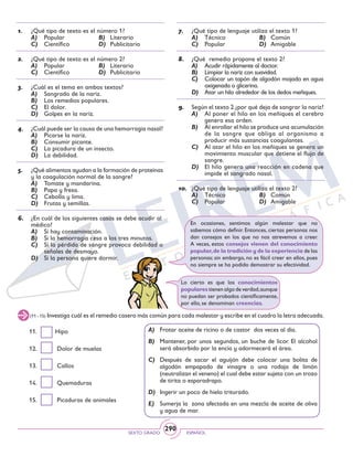 SEXTO GRADO ESPAÑOL
290
1.	 ¿Qué tipo de texto es el número 1?
A)	 Popular	 B)	 Literario
C)	 Científico	 D)	 Publicitario
2.	 ¿Qué tipo de texto es el número 2?
A)	 Popular	 B)	 Literario
C)	 Científico	 D)	 Publicitario
3.	 ¿Cuál es el tema en ambos textos?
A)	 Sangrado de la nariz.
B)	 Los remedios populares.
C)	 El dolor.
D)	 Golpes en la nariz.
4.	 ¿Cuál puede ser la causa de una hemorragia nasal?
A)	 Picarse la nariz.
B)	 Consumir picante.
C)	 La picadura de un insecto.
D)	 La debilidad.
5.	 ¿Qué alimentos ayudan a la formación de proteínas
y la coagulación normal de la sangre?
A)	 Tomate y mandarina.
B)	 Papa y fresa.
C)	 Cebolla y lima.
D)	 Frutas y semillas.
6.	 ¿En cuál de los siguientes casos se debe acudir al
médico?
A)	 Si hay contaminación.
B)	 Si la hemorragia cesa a los tres minutos.
C)	 Si la pérdida de sangre provoca debilidad o
señales de desmayo.
D)	 Si la persona quiere dormir.
7.	 ¿Qué tipo de lenguaje utiliza el texto 1?
A)	 Técnico	 B)	 Común
C)	 Popular	 D)	 Amigable
8.	 ¿Qué remedio propone el texto 2?
A)	 Acudir rápidamente al doctor.
B)	 Limpiar la nariz con suavidad.
C)	 Colocar un tapón de algodón mojado en agua
oxigenada o glicerina.
D)	 Atar un hilo alrededor de los dedos meñiques.
9.	 Según el texto 2 ¿por qué deja de sangrar la nariz?
A)	 Al poner el hilo en los meñiques el cerebro
genera esa orden.
B)	 Al enrollar el hilo se produce una acumulación
de la sangre que obliga al organismo a
producir más sustancias coagulantes.
C)	 Al atar el hilo en los meñiques se genera un
movimiento muscular que detiene el flujo de
sangre.
D)	 El hilo genera una reacción en cadena que
impide el sangrado nasal.
10.	 ¿Qué tipo de lenguaje utiliza el texto 2?
A)	 Técnico	 B)	 Común
C)	 Popular	 D)	 Amigable
Lo cierto es que los conocimientos
populares tienen algo de verdad,aunque
no puedan ser probados científicamente,
por ello, se denominan creencias.
(11 - 15) Investiga cuál es el remedio casero más común para cada malestar y escribe en el cuadro la letra adecuada.
11.	 Hipo 	
12.	 Dolor de muelas	
13.	 Callos
14.	 Quemaduras
15.	 Picaduras de animales
A)	 Frotar aceite de ricino o de castor dos veces al día.
B)	 Mantener, por unos segundos, un buche de licor. El alcohol
será absorbido por la encía y adormecerá el área.
C)	 Después de sacar el aguijón debe colocar una bolita de
algodón empapado de vinagre o una rodaja de limón
(neutralizan el veneno) el cual debe estar sujeto con un trozo
de tirita o esparadrapo.
D)	 Ingerir un poco de hielo triturado.
E)	 Sumerja la zona afectada en una mezcla de aceite de oliva
y agua de mar.
En ocasiones, sentimos algún malestar que no
sabemos cómo definir. Entonces, ciertas personas nos
dan consejos en los que no nos atrevemos a creer.
A veces, estos consejos vienen del conocimiento
popular,de la tradición y de la experiencia de las
personas; sin embargo, no es fácil creer en ellos, pues
no siempre se ha podido demostrar su efectividad.
 