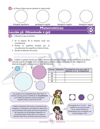 SEXTO GRADO MATEMÁTICAS
323
(5 - 8) Traza la figura que te solicitan en cada círculo.
triángulo equilátero pentágono regular hexágono regular decágono regular
(1 - 3) Realiza lo que te solicitan.
(4 - 7) Utiliza un pedazo de hilo que mida el diámetro de cada figura, luego coloca un extremo en el punto
marcado y gíralo alrededor de la circunferencia y observa cuántas veces cabe en ella. Registra tus
observaciones en la tabla y anota el valor del diámetro.
1.	En el espacio de la derecha traza una
circunferencia.
2.	Ilumina la superficie limitada por la
circunferencia. Esa superficie se llama Círculo.
3. 	 Escribe la definición de círculo.
A B
C
D
Los griegos, en la antigüedad, para determinar la
relación que hay entre la medida de la circunferencia
y la medida del diámetro, trazaron polígonos
regulares dentro y fuera del círculo.
El resultado fue 3. 14159… Esta
medida es una aproximación
de un número famoso en
Matemáticas que se simboliza con
la letra griega π (Pi).
Medían el diámetro del círculo y el perímetro del
hexágono, el cuadrado y otras figuras y observaron
que el perímetro del círculo, está entre el perímetro
del cuadrado y el del hexágono, llegando a la
conclusión de que medía entre 3 y 4 veces su
diámetro. Esta fue la constante que encontraron.
Lección 36. Obteniendo π (pi)
Matemáticas
Círculo Diámetro Cantidad de veces que cabe el
diámetro en la circunferencia
A
B
C
D
 
