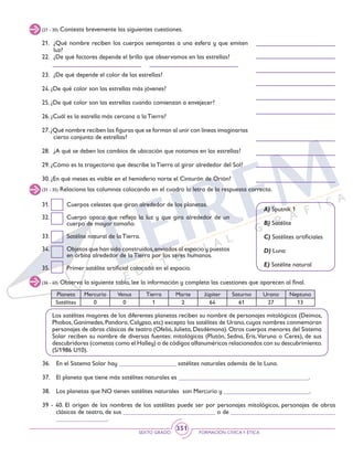 SEXTO GRADO FORMACIÓN CÍVICAY ÉTICA
351
(21 - 30) Contesta brevemente las siguientes cuestiones.
21.	 ¿Qué nombre reciben los cuerpos semejantes a una esfera y que emiten
luz?
22. 	¿De qué factores depende el brillo que observamos en las estrellas?
23.	 ¿De qué depende el color de las estrellas?
	
24. ¿De qué color son las estrellas más jóvenes?
25. ¿De qué color son las estrellas cuando comienzan a envejecer?
26. ¿Cuál es la estrella más cercana a la Tierra?
27.¿Qué nombre reciben las figuras que se forman al unir con líneas imaginarias
cierto conjunto de estrellas?
28.	 ¿A qué se deben los cambios de ubicación que notamos en las estrellas?
29. ¿Cómo es la trayectoria que describe la Tierra al girar alrededor del Sol?
30. ¿En qué meses es visible en el hemisferio norte el Cinturón de Orión?
(31 - 35) Relaciona las columnas colocando en el cuadro la letra de la respuesta correcta.
31. 	 Cuerpos celestes que giran alrededor de los planetas.
32. 	 Cuerpo opaco que refleja la luz y que gira alrededor de un
cuerpo de mayor tamaño.
33. 	 Satélite natural de la Tierra.
34. 	 Objetos que han sido construidos,enviados al espacio y puestos
en órbita alrededor de la Tierra por los seres humanos.
35. 	 Primer satélite artificial colocado en el espacio.
A) Sputnik 1
B) Satélite
C) Satélites artificiales
D) Luna
E) Satélite natural
(36 - 40) Observa la siguiente tabla, lee la información y completa las cuestiones que aparecen al final.
Planeta Mercurio Venus Tierra Marte Júpiter Saturno Urano Neptuno
Satélites 0 0 1 2 64 61 27 13
Los satélites mayores de los diferentes planetas reciben su nombre de personajes mitológicos (Deimos,
Phobos,Ganímedes,Pandora,Calypso,etc) excepto los satélites de Urano,cuyos nombres conmemoran
personajes de obras clásicas de teatro (Ofelia,Julieta,Desdémona).Otros cuerpos menores del Sistema
Solar reciben su nombre de diversas fuentes: mitológicas (Plutón, Sedna, Eris,Varuna o Ceres), de sus
descubridores (cometas como el Halley) o de códigos alfanuméricos relacionados con su descubrimiento.
(S/1986 U10).
36.	 En el Sistema Solar hay __________________ satélites naturales además de la Luna.
37. 	 El planeta que tiene más satélites naturales es _________________________________________.
38. 	 Los planetas que NO tienen satélites naturales son Mercurio y ___________________________.
39 - 40. El origen de los nombres de los satélites puede ser por personajes mitológicos, personajes de obras
clásicas de teatro, de sus _____________________________ o de _________________________________
________________.
 