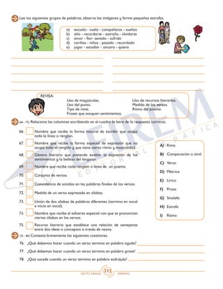 SEXTO GRADO ESPAÑOL
372
Lee los siguientes grupos de palabras, observa las imágenes y forma pequeñas estrofas.
a)	 escuela - vuela - compañeros - sueños
b)	 año - recordarte - extraño - olvidarte
c)	 amor - flor- sentido - sufrido
d)	 cariños - niños - pasado - recordado
e)	 jugar - estudiar - sincero - quiero
REVISA:
		 Uso de mayúsculas.			 Uso de recursos literarios.
		 Uso del punto.				 Medida de los versos.
		Tipo de rima.				Ritmo del poema.
		 Frases que evoquen sentimientos.
(66 - 75) Relaciona las columnas escribiendo en el cuadro la letra de la respuesta correcta.
66. 	 Nombre que recibe la forma natural de escribir que ocupa
toda la línea o renglón.
67. 	 Nombre que recibe la forma especial de expresión que no
ocupa todo el renglón y que tiene cierto ritmo y musicalidad.
68. 	 Género literario que pretende exaltar la expresión de los
sentimientos y la belleza del lenguaje.
69. 	 Nombre que recibe cada renglón o línea de un poema.
70. 	 Conjunto de versos.
71. 	 Coincidencia de sonidos en las palabras finales de los versos.
72. 	 Medida de un verso expresada en sílabas.
73. 	 Unión de dos sílabas de palabras diferentes (termina en vocal
e inicia en vocal).
74. 	 Nombre que recibe el esfuerzo especial con que se pronuncian
ciertas sílabas en los versos.
75. 	 Recurso literario que establece una relación de semejanza
entre dos ideas o conceptos a través de nexos.
A)	Rima
B)	 Comparación o símil
C)	 Verso
D)	 Métrica
E)	 Lírico
F)	 Prosa
G)	 Sinalefa
H)	 Estrofa
I)	 Ritmo
(76 - 80) Contesta brevemente las siguientes cuestiones.
76. 	 ¿Qué debemos hacer cuando un verso termina en palabra aguda?
77. 	 ¿Qué debemos hacer cuando un verso termina en palabra grave?
78. 	 ¿Qué sucede cuando un verso termina en palabra esdrújula?
 