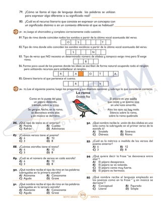 SEXTO GRADO ESPAÑOL
373
79. 	¿Cómo se llama el tipo de lenguaje donde las palabras se utilizan
para expresar algo diferente a su significado real?
80. 	 ¿Cuál es el recurso literario que consiste en expresar un concepto con
un significado distinto o en un contexto diferente al que es habitual?
(81 - 85) Juega al ahorcadito y completa correctamente cada cuestión.
81.Tipo de rima donde coinciden todos los sonidos a partir de la última vocal acentuada del verso.
82.Tipo de rima donde sólo coinciden los sonidos vocálicos a partir de la última vocal acentuada del verso.
83. Tipo de verso que NO necesita un determinado número de sílabas y tampoco exige rima pero SÍ exige
ritmo.
84. Forma poco usual de los poemas donde las ideas se escriben de forma natural ocupando todo el renglón
pero utilizando recursos para embellecer el renglón.
85. Género literario al que pertenece el cuento.
O S T
S N
B
R A O T A
R V
(86 - 95) Lee el siguiente poema, luego las preguntas y sus diversas opciones y subraya la que consideres correcta.
Canta en la punta del pino
un pájaro detenido,
trémulo, sobre su trino.	
Se yergue, flecha, en la rama,
se desvanece entre alas
y en música se derrama.
El pájaro es una astilla
que canta y se quema viva
en una nota amarilla.	
Alzo los ojos: no hay nada.
Silencio sobre la rama,
sobre la rama quebrada
La rama
Octavio Paz
86.	 ¿Qué tipo de texto es el anterior?
A)	 Poema	 B)	 Cuento
C)	 Refrán	 D)	 Adivinanza
87.	 ¿Cuántos versos tiene el poema?
A)	 4	 B)	 12
C)	 3	 D)	 8
88.	 ¿Cuántas estrofas tiene el texto?
A)	 4	 B)	 12
C)	 3	 D)	 8
89.	 ¿Cuál es el número de versos en cada estrofa?
A)	 4	 B)	 12
C)	 3	 D)	 8
90.	 ¿Qué nombre recibe el tipo de rima en las palabras
subrayadas en la primera estrofa?
A)	 Asonante	 B)	 Consonante
C)	 Aguda	 D)	 Grave
91.	 ¿Qué nombre recibe el tipo de rima en las palabras
subrayadas en la tercera estrofa?
A)	 Asonante	 B)	 Consonante
C)	 Aguda	 D)	 Grave
92.	 ¿Qué nombre recibe la unión de dos sílabas en una
sola como la subrayada en el primer verso de la
estrofa 4?
A)	 Sinalefa	 B)	 Sinéresis
C)	 Diéresis	 D)	 Ritmo
93.	 ¿Cuál es la métrica o medida de los versos del
poema anterior?
A)	 4	 B)	 12
C)	 3	 D)	 8
94.	 ¿Qué quiere decir la frase “se desvanece entre
alas”?
A)	 El pájaro desaparece.
B)	 El pájaro se va volando.
C)	 El pájaro canta muy fuerte.
D)	 El pájaro es hermoso.
95.	 ¿Qué nombre recibe el lenguaje empleado en
los poemas como en la frase “ y en música se
derrama”?
A)	 Conceptual	 B)	 Figurado
C)	 Literal	 D)	 Simple
 