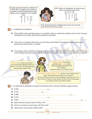 SEXTO GRADO MATEMÁTICAS
375
5) El resultado de esta multiplicación será el mcm. En este
caso: El mcm de 10, 5 y 4 es 20.
3) Luego se buscan números múltiplos del
3, del 5, del 7 o cualquier otro número y
se realiza el mismo procedimiento hasta
obtener como resultado 1 en el renglón
final.
		 10 - 5 - 4 	 2
		 5 5 2	 2
		 5 5 1	 5
		 1 1
4) Por último se multiplican los números que
están a la derecha de la línea.
2 x 2 x 5 = 20
		 10 - 5 - 4 	 2
		 5 5 2	 2
		 5 5 1	 5
		 1 1		 20
(14 - 16) Resuelve los problemas.
14.	 Toño y Pablo visitan periódicamente a sus abuelitos,Toño va cada 8 días y Pablo cada 6. El día 3 de julio
coincidieron en su visita. ¿En qué fecha volverán a coincidir?
15.	 Lolis visita a su abuela cada 6 días y su prima Tere cada 18 días. Si hoy fueron juntas, ¿cuántos días
pasarán para que vuelvan a ir juntas?
16.	 Tres amigas visitan a Martha periódicamente: Luisa cada 5 días,Yola cada 8 días y Vero cada 12 días. Las
cuatro amigas estuvieron juntas el 20 de abril. ¿Cuál es la fecha más próxima en que volverán a coincidir?
Divisor común es el número
que divide a dos o más números
exactamente.Ejemplo:Divisores del
16:1,2,4,8,16.
Divisores del 24:1,2,3,4,6,8,12 y 24.
El máximo común divisor (mcd) de dos o más números, es el
mayor de los divisores comunes a esos números.
Así, de los divisores del 16 y el 24, los divisores comunes son: 1, 2, 4,
8; por tanto, el máximo común divisor del 16 y el 24 es el 8 porque
es el mayor número que divide a ambos.
Divisor es un número que divide a
otro exactamente. Ejemplo: Divisores
del 36: 1, 2, 3, 4, 6, 9, 12, 18 y 36, porque
estos números dividen al 36.
17.	 D 28= ______, ______, ______, ______, ______ y ______
18.	 D 16= ______, ______, ______, ______ y ______
19.	 D 80= ______, ______, ______, ______, ______,______, ______, ______, ______ y ______
20.	 D 45= ______, ______, ______, ______, ______ y ______
21.	 D 60= ______,______ ,______,______,______,______,______,______,______,______,______ y ______
22.	 ¿Qué divisores comunes tienen el 28 y el 16? __________________________________________
23.	 ¿Cuál es el máximo común divisor del 28 y el 16? ______________________________________
24.	 ¿Qué divisor común tienen el 80 y el 60? ______________________________________________
(17 - 24) Utilizando la calculadora encuentra los divisores de los números indicados. Luego, contesta.
 