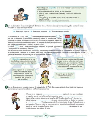 SEXTO GRADO ESPAÑOL
42
(26 - 30) Seguramente conoces muchas de las películas de Walt Disney; completa la descripción del siguiente
personaje agregando los adjetivos calificativos necesarios.
Describir es explicar, de forma
detallada y ordenada, cómo son las
personas, los lugares o los objetos.
Normalmente, cuando describimos a
una persona, no sólo nos referimos a
su físico, sino que intentamos reflejar
su forma de ser y de actuar, y también
lo que nosotros pensamos de esa
persona.
La descripción de un personaje
debe incluir además de sus
características físicas, sus
sentimientos, sus costumbres
y todo lo que forma su
personalidad.
Recuerda que al describir
utilizamos adjetivos
calificativos.
Woody es un vaquero ________________________equipado con una cuerda en
su espalda que, al estirarla, nos hace escuchar unas ________________________
frases del programa televisivo de los años 50 “El rodeo de Woody”. Siempre ha
sido el juguete _________________ de Andy y ahora, si bien su dueño ha crecido,
el ________________ Woody mantiene la firme convicción de que Andy aún ama a
sus juguetes. Mientras éstos se aventuran en un futuro incierto,Woody permanece
siendo la voz de la razón.Y como líder __________________, se asegura de que
ningún juguete sea dejado de lado.
Recuerda que la biografía es un texto narrativo con las siguientes
características:
•	 Principales hechos de la vida de una persona.
•	 Marcas espacio-temporales (dónde y cuándo sucedieron los
hecho).
•	 Narrador en tercera persona o en primera persona si es
autobiografía.
•	 Verbos en tiempo pasado preferentemente.
En las décadas de 1950 y 1960 Walt Disney Productions se convirtió en
una de las mayores productoras cinematográficas, al tiempo que Disney
intentaba mantener el mayor control artístico posible.La compañía abordó la
publicación de literatura infantil y comics,la mayoría de ellos protagonizados
por sus personajes el pato Donald y el perro Pluto.
En 1955, Walt Disney Productions inauguró un parque gigantesco,
Disneylandia, en Anaheim, California .
Sus reconstrucciones de carácter histórico y sus espectaculares atracciones lo convirtieron en un foco turístico
de primer orden. Después, en la misma línea, abrió sus puertas Disneyworld, cerca de Orlando, Florida, en 1971,
y más recientemente, Eurodisney, en las proximidades de París.
(21 - 25) Considera el siguiente párrafo del texto dos y relaciona las expresiones subrayadas anotando en el
recuadro la letra correspondiente.
A- Referencia espacial	 B- Referencia temporal C- Verbo en tiempo pasado
 
