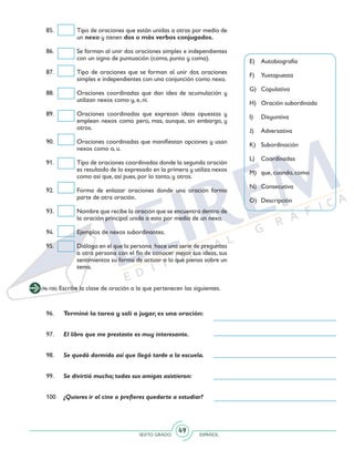 SEXTO GRADO ESPAÑOL
49
85. 	 Tipo de oraciones que están unidas a otras por medio de
un nexo y tienen dos o más verbos conjugados.
86. 	 Se forman al unir dos oraciones simples e independientes
con un signo de puntuación (coma, punto y coma).
87. 	 Tipo de oraciones que se forman al unir dos oraciones
simples e independientes con una conjunción como nexo.
88. 	 Oraciones coordinadas que dan idea de acumulación y
utilizan nexos como y, e, ni.
89. 	 Oraciones coordinadas que expresan ideas opuestas y
emplean nexos como pero, mas, aunque, sin embargo, y
otros.
90. 	 Oraciones coordinadas que manifiestan opciones y usan
nexos como o, u.
91. 	 Tipo de oraciones coordinadas donde la segunda oración
es resultado de lo expresado en la primera y utiliza nexos
como así que, así pues, por lo tanto, y otros.
92.	 Forma de enlazar oraciones donde una oración forma
parte de otra oración.
93. 	 Nombre que recibe la oración que se encuentra dentro de
la oración principal unida a esta por medio de un nexo.
94. 	 Ejemplos de nexos subordinantes.
95. 	 Diálogo en el que la persona hace una serie de preguntas
a otra persona con el fin de conocer mejor sus ideas, sus
sentimientos su forma de actuar o lo que piensa sobre un
tema.
E) 	 Autobiografía
F) 	 Yuxtapuesta
G) 	 Copulativa
H) 	 Oración subordinada
I) 	 Disyuntiva
J) 	 Adversativa
K) 	 Subordinación
L) 	 Coordinadas
M) 	 que, cuando, como
N)	Consecutiva
O)	Descripción
(96-100) Escribe la clase de oración a la que pertenecen las siguientes.
96. 	 Terminé la tarea y salí a jugar, es una oración:
97. 	 El libro que me prestaste es muy interesante.
98. 	 Se quedó dormido así que llegó tarde a la escuela.
99. 	 Se divirtió mucho; todas sus amigas asistieron:
100 	 ¿Quieres ir al cine o prefieres quedarte a estudiar?
 